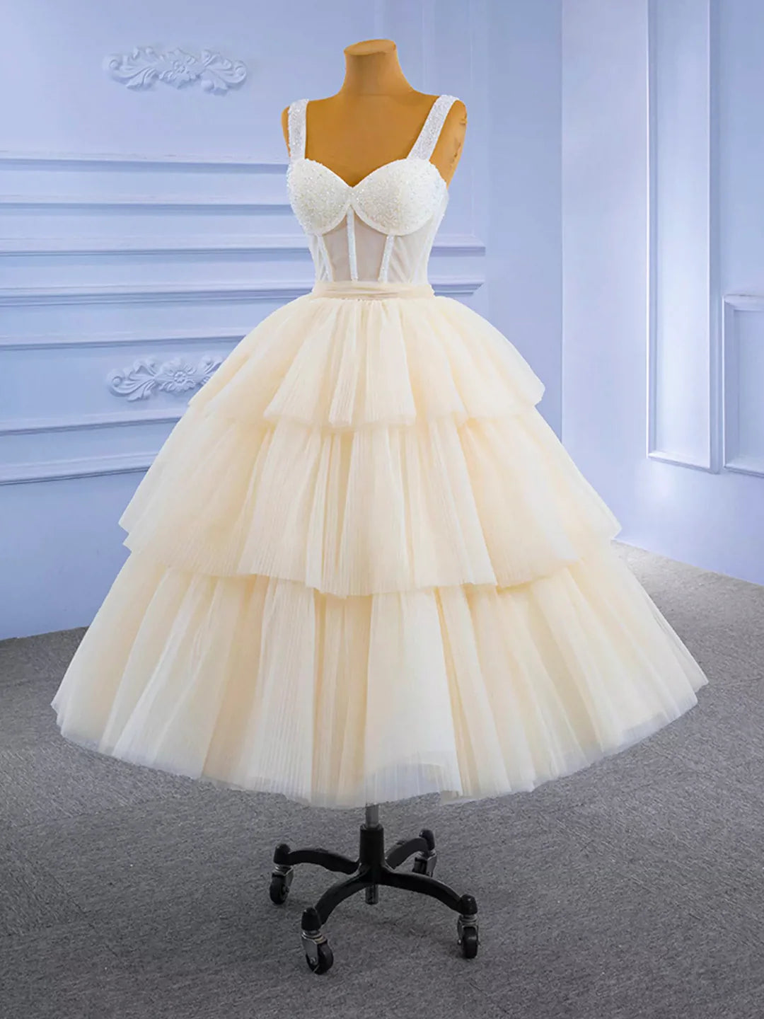 Charming A-line Champagne Tea Length Tulle Beaded Party Dress Evening Graduation Dress Homecoming Dresses
