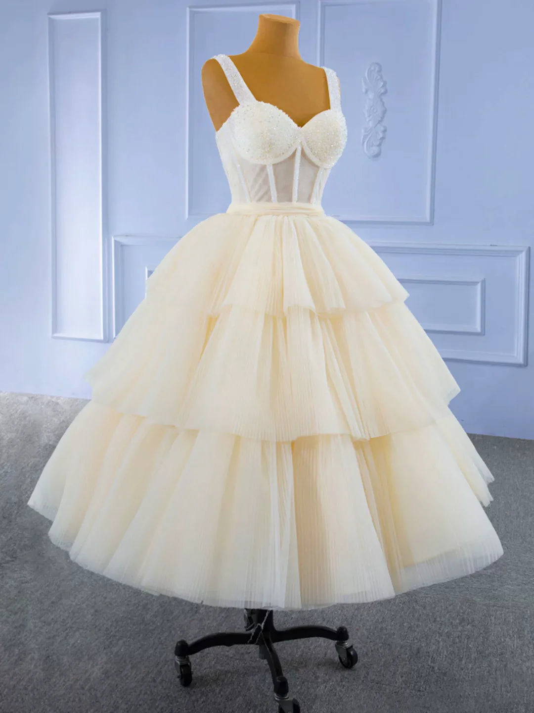 Charming A-line Champagne Tea Length Tulle Beaded Party Dress Evening Graduation Dress Homecoming Dresses