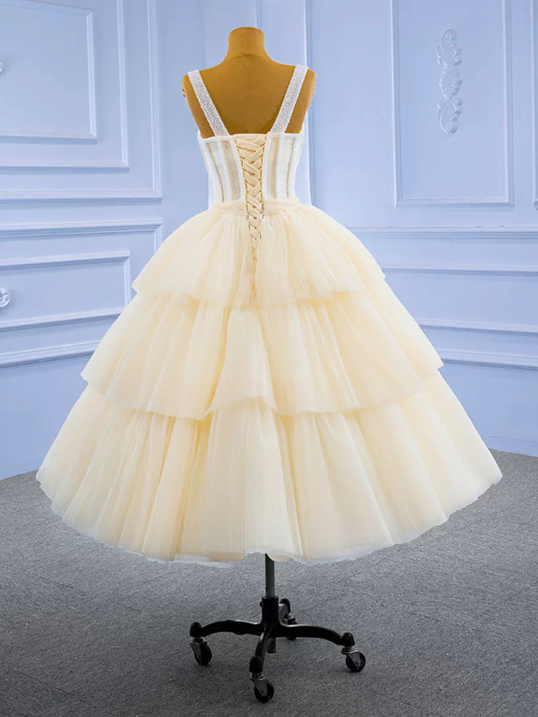 Charming A-line Champagne Tea Length Tulle Beaded Party Dress Evening Graduation Dress Homecoming Dresses
