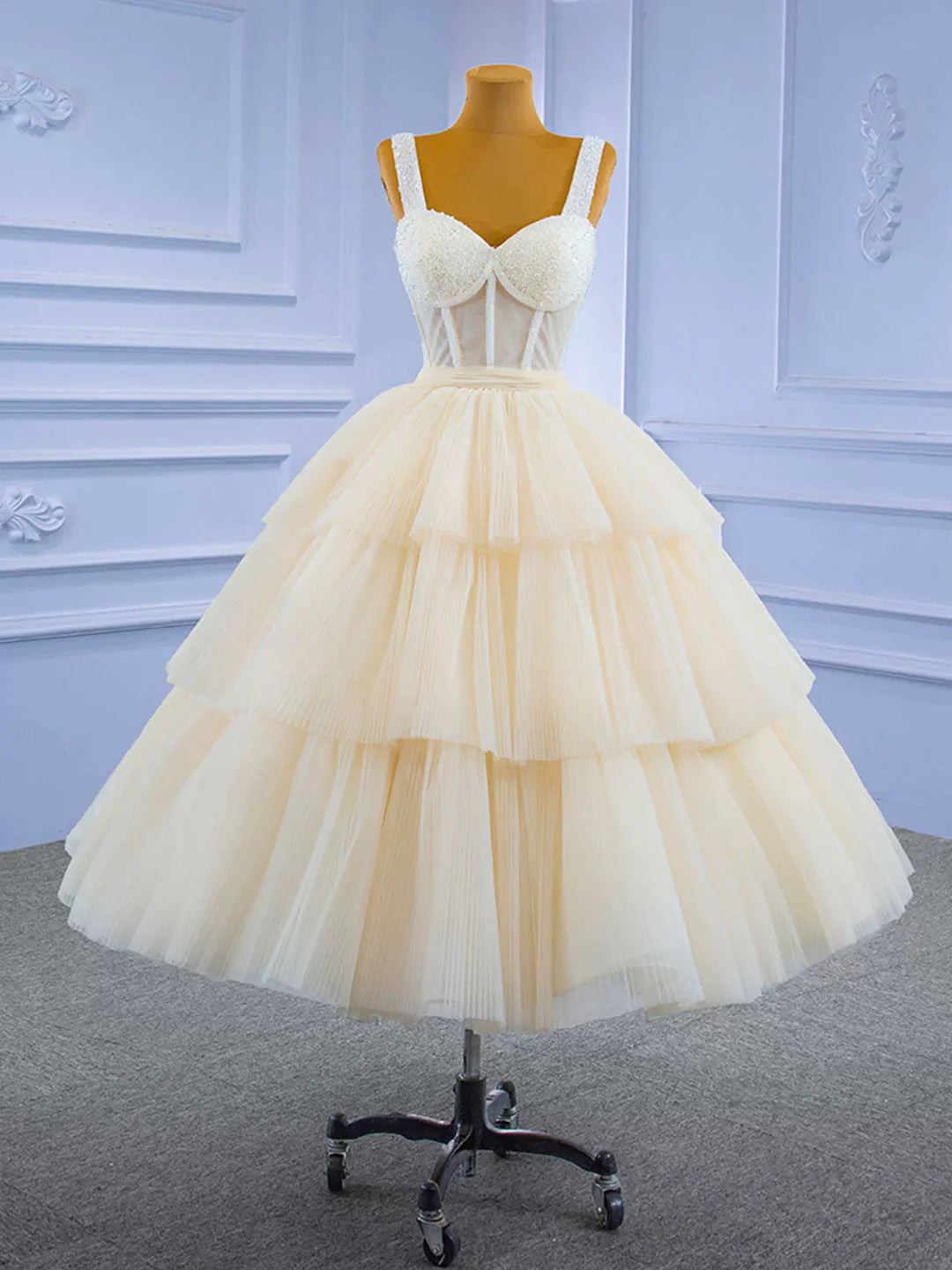 Charming A-line Champagne Tea Length Tulle Beaded Party Dress Evening Graduation Dress Homecoming Dresses