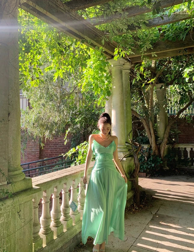 Charming Green A Line Spaghetti Strap Ruffle Sleeveless Off-the-shoulder Chiffon Floor length Wedding Dress Prom Dress Cocktail Dress Homecoming Dress Evening Dress Party Dress