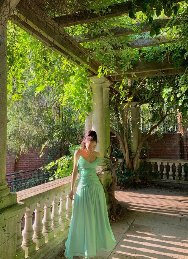Charming Green A Line Spaghetti Strap Ruffle Sleeveless Off-the-shoulder Chiffon Floor length Wedding Dress Prom Dress Cocktail Dress Homecoming Dress Evening Dress Party Dress
