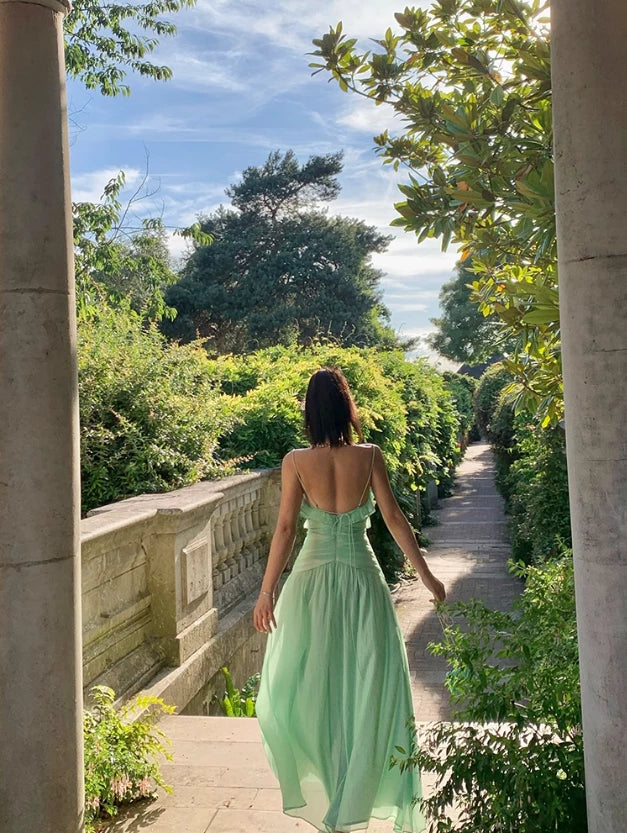 Charming Green A Line Spaghetti Strap Ruffle Sleeveless Off-the-shoulder Chiffon Floor length Wedding Dress Prom Dress Cocktail Dress Homecoming Dress Evening Dress Party Dress