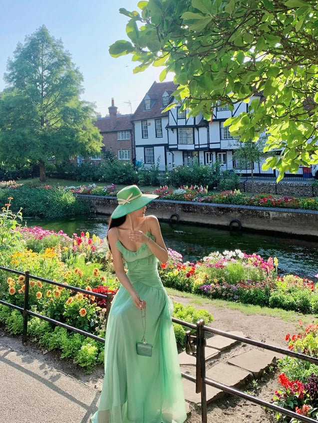 Charming Green A Line Spaghetti Strap Ruffle Sleeveless Off-the-shoulder Chiffon Floor length Wedding Dress Prom Dress Cocktail Dress Homecoming Dress Evening Dress Party Dress