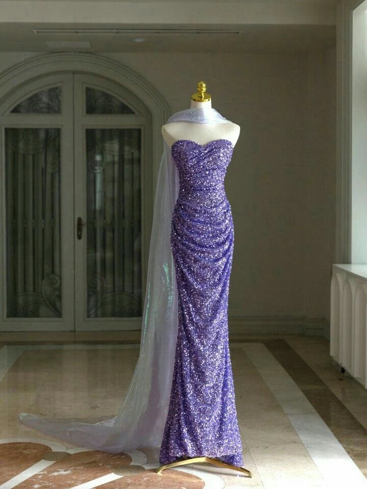 Charming Purple Mermaid Sweetheart Neck Sequin Long Floor length Prom Dress Cocktail Dress Homecoming Dress Evening Dress Party Dress