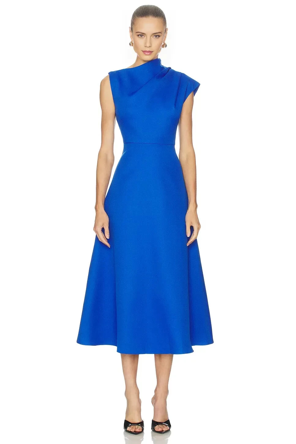 Chic A Line Asymmetric Neck Cap Sleeve Back Zip Midi Length Evening Dress