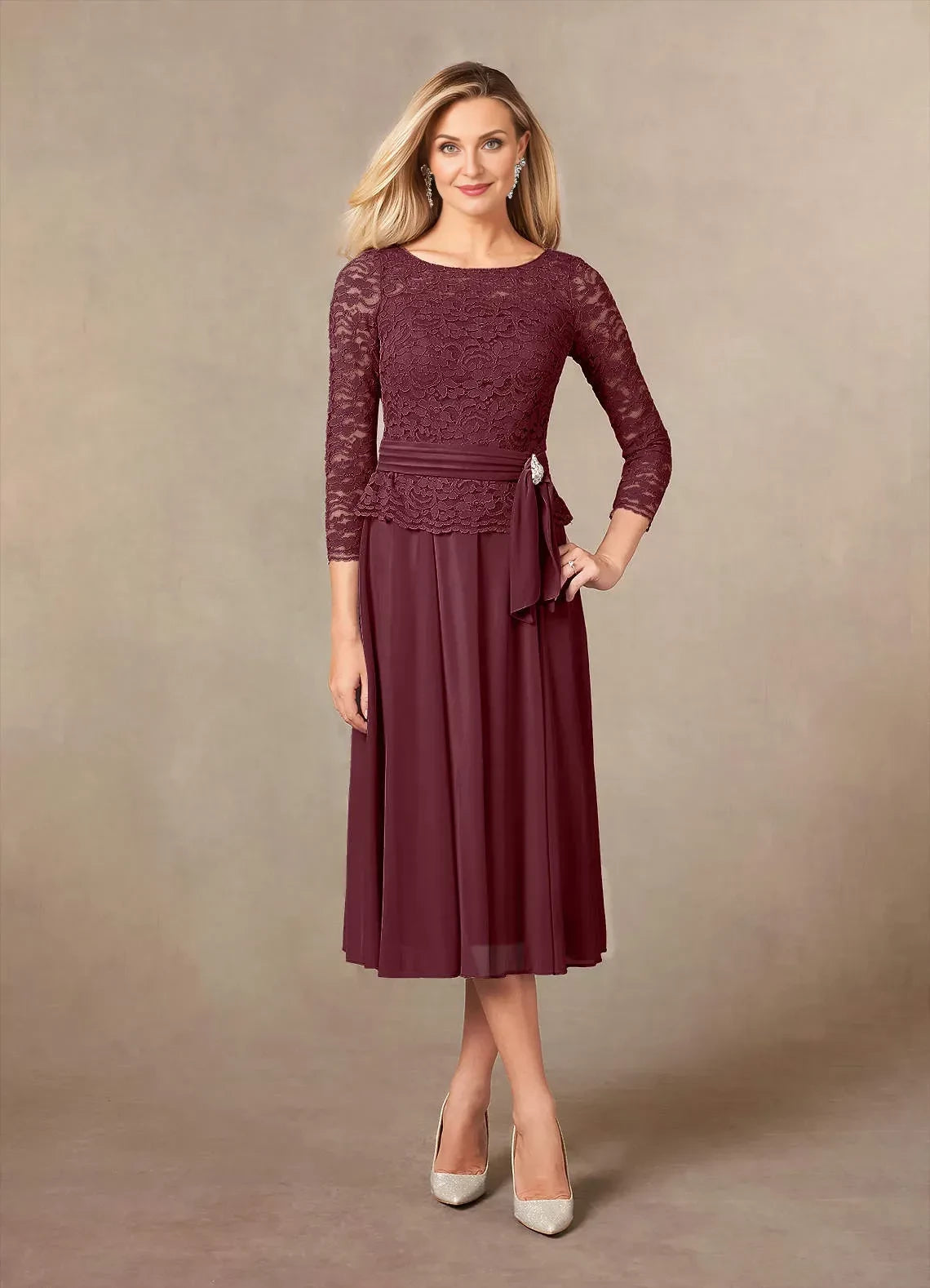 Chic A Line Boat Neck Three Quarter Sleeve Zipper Back Midi Length Mother of the Bride Dress