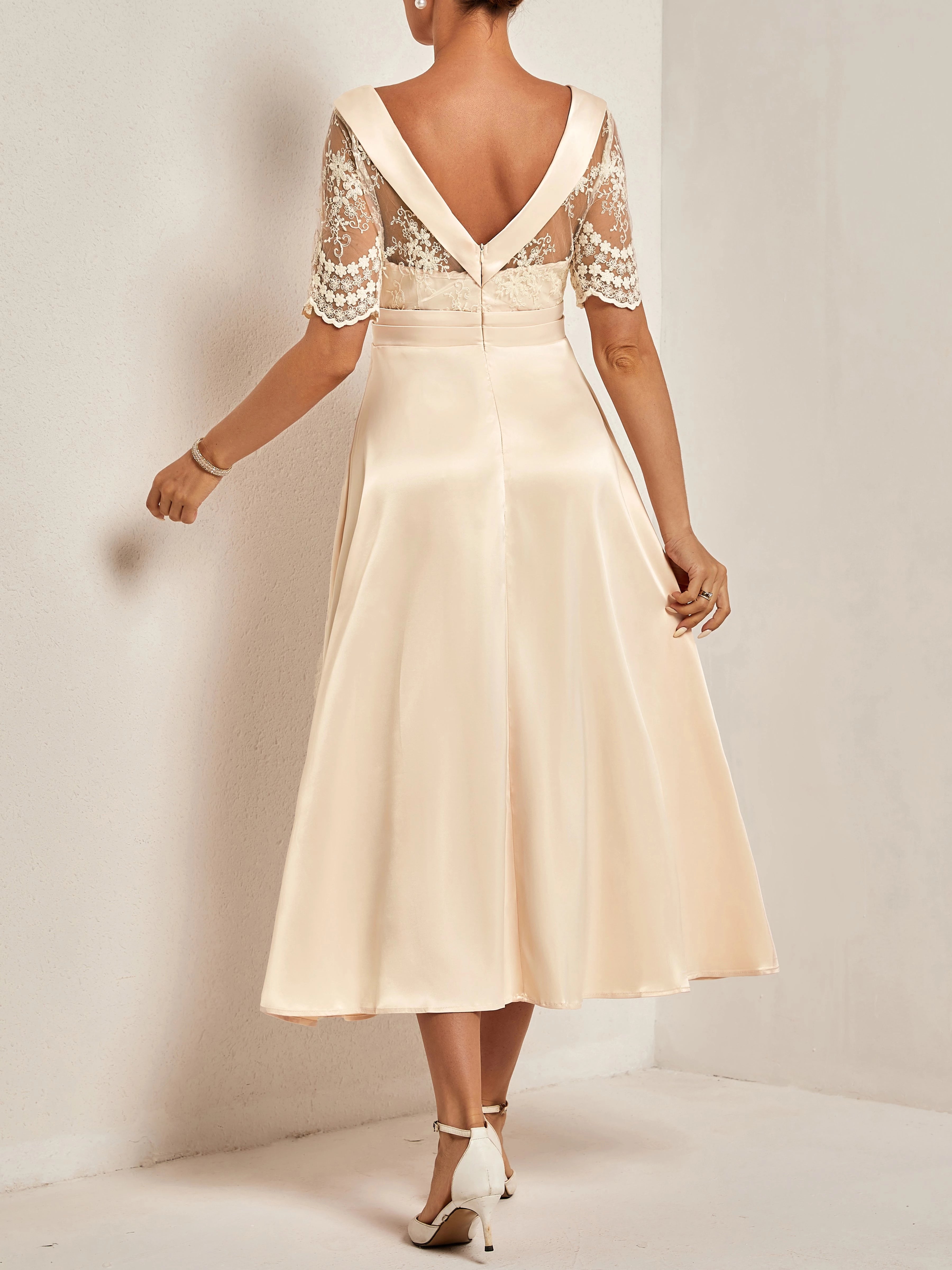 Chic A Line Boat Neck Lace Short Sleeve V Back Midi Length Mother of the Bride Dress