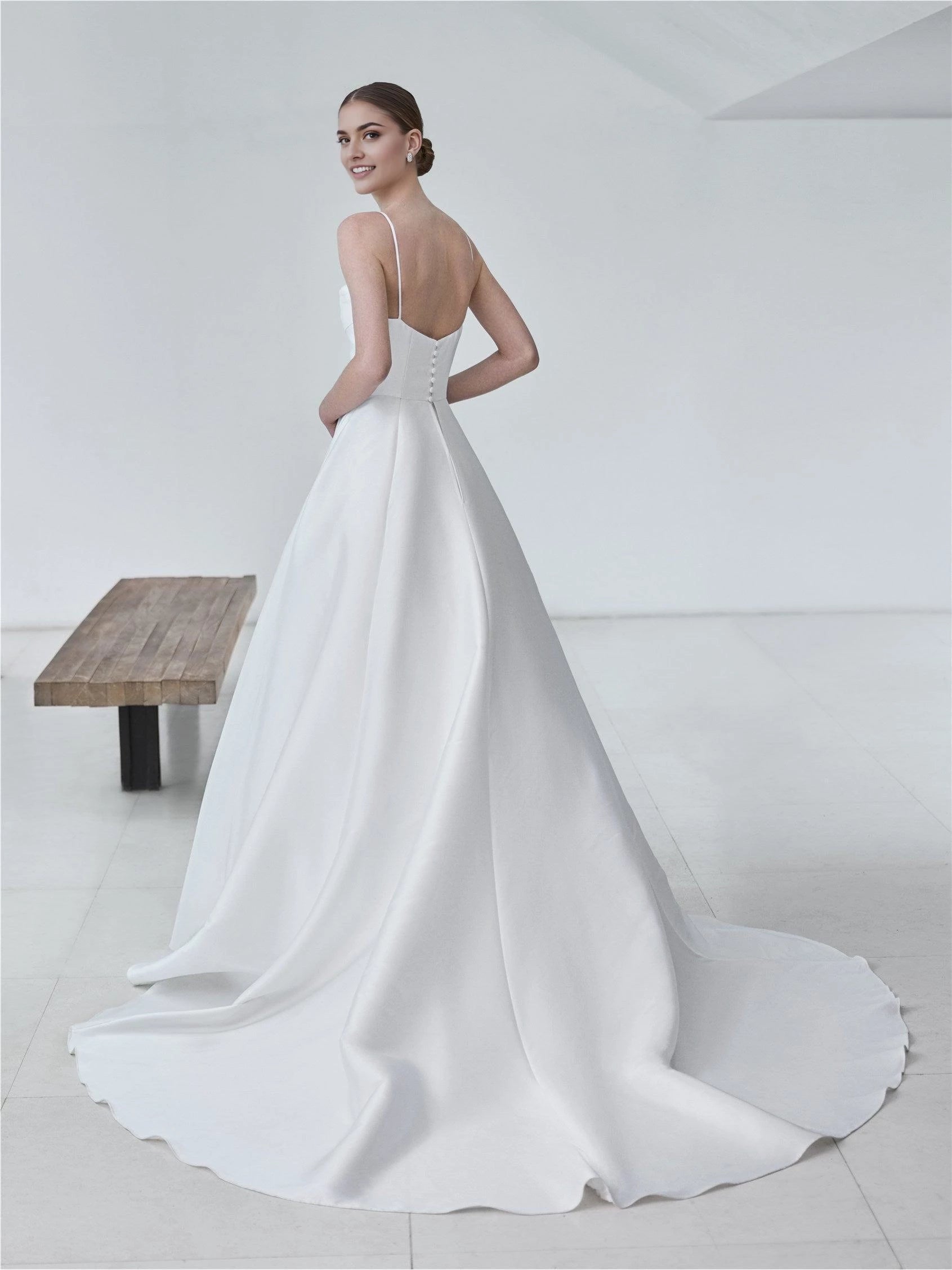 Chic A Line Cowl Neck Spaghetti Strap Button Back Floor Length Wedding Dress