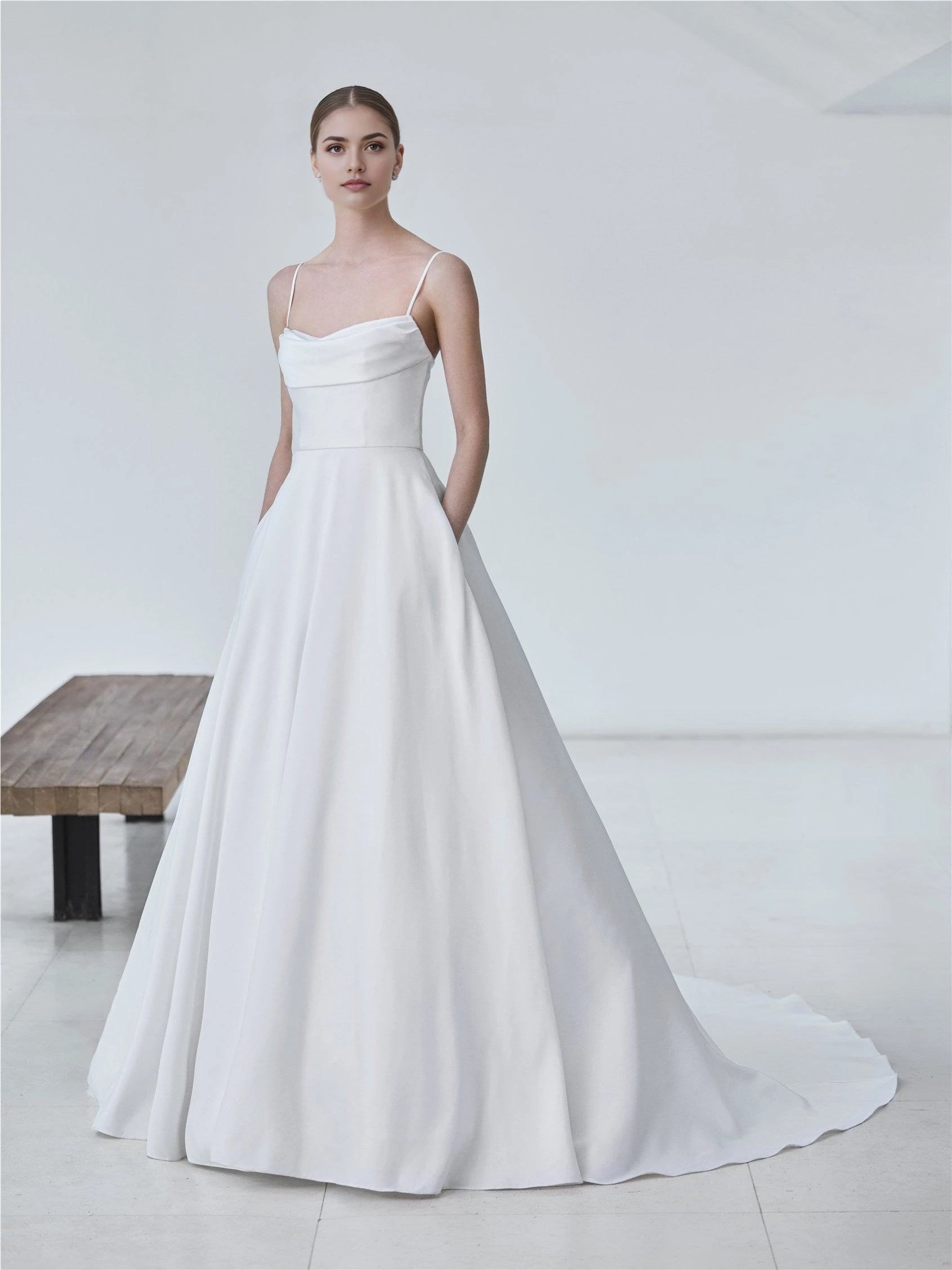 Chic A Line Cowl Neck Spaghetti Strap Button Back Floor Length Wedding Dress