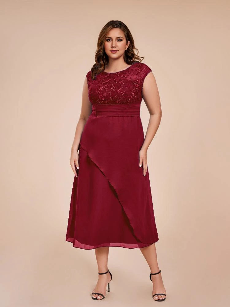 Chic A Line Crew Neck Cap Sleeve V Back Plus Size Midi Length Mother of the Bride Dress ﻿