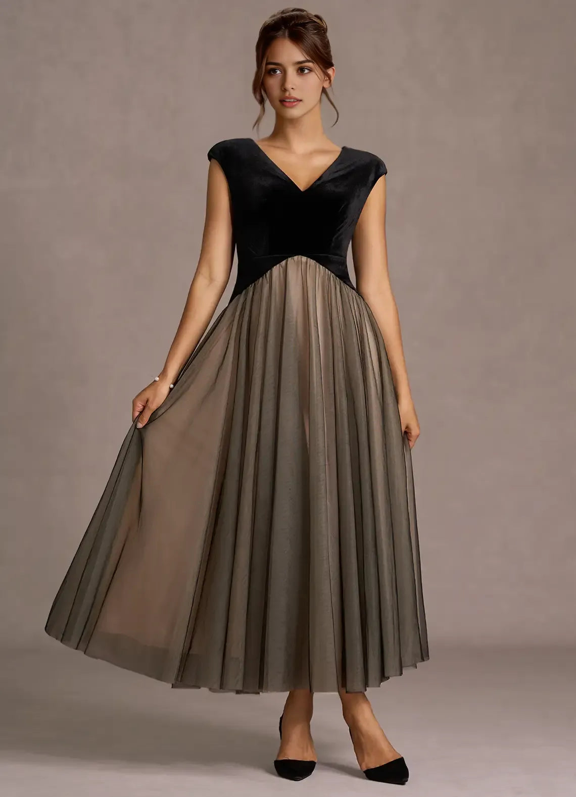 Chic A Line Deep V Cap Sleeve Zipper Back Midi Length Hot sale Prom Dress