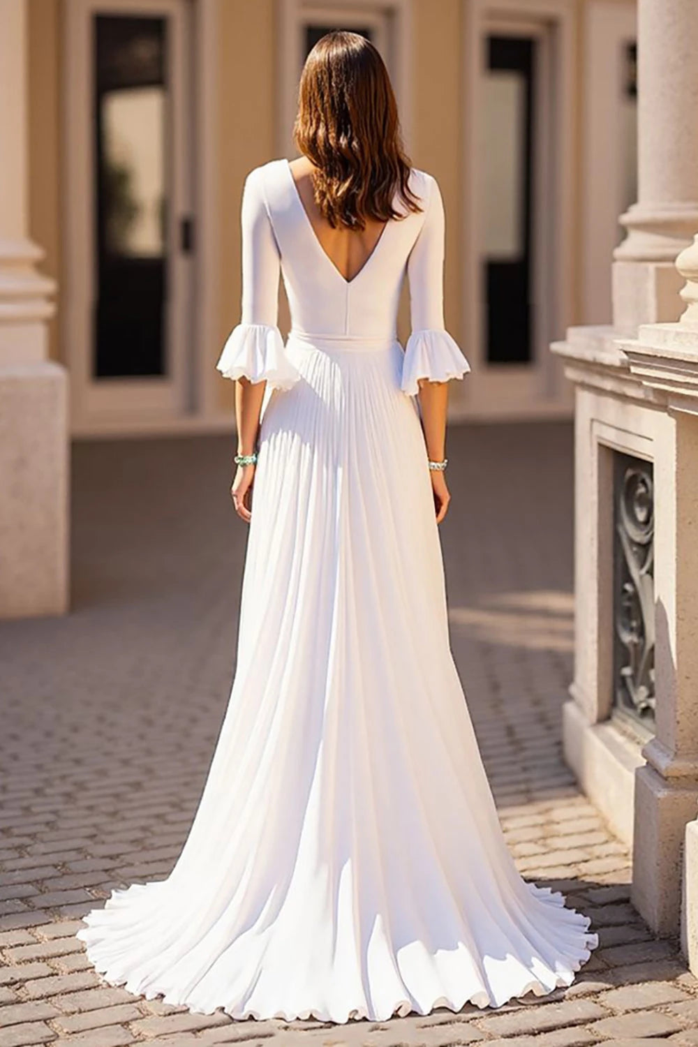 Chic A Line Deep V Neck Bell Sleeve V Back Floor Length Wedding Dress