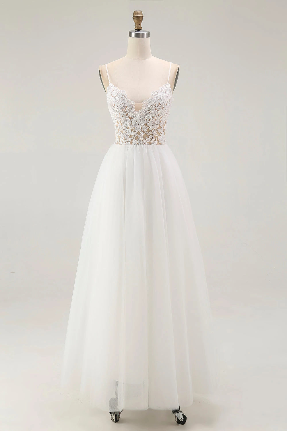 Chic A Line Deep V Neck Sleeveless Open Back Floor Length Wedding Dress