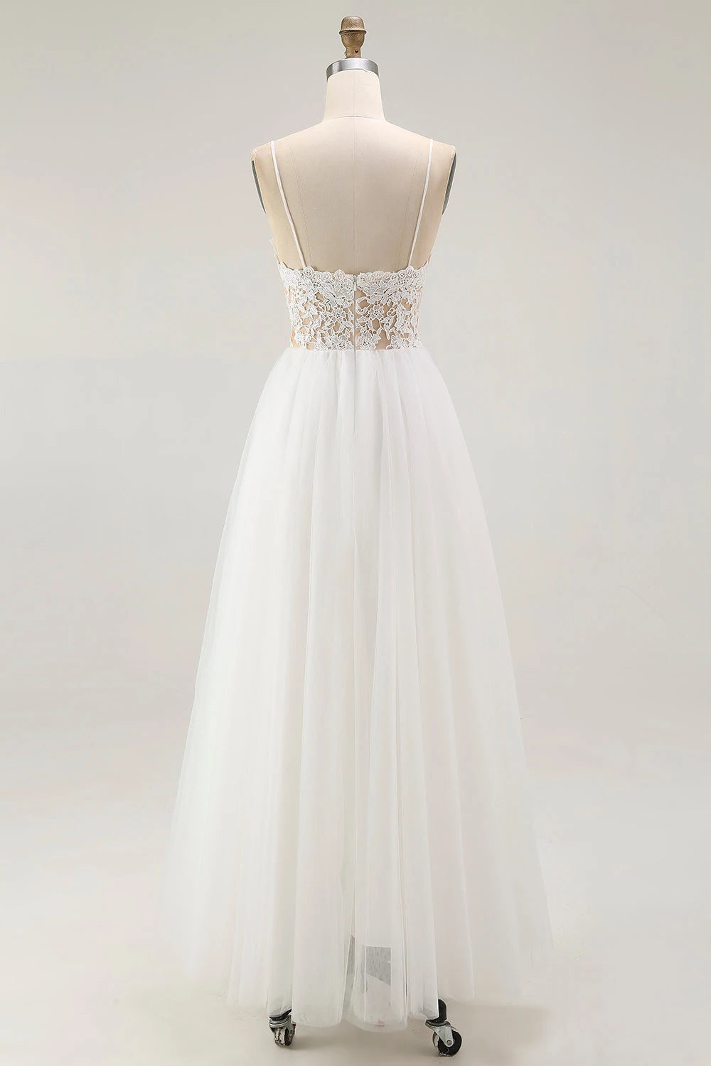 Chic A Line Deep V Neck Sleeveless Open Back Floor Length Wedding Dress