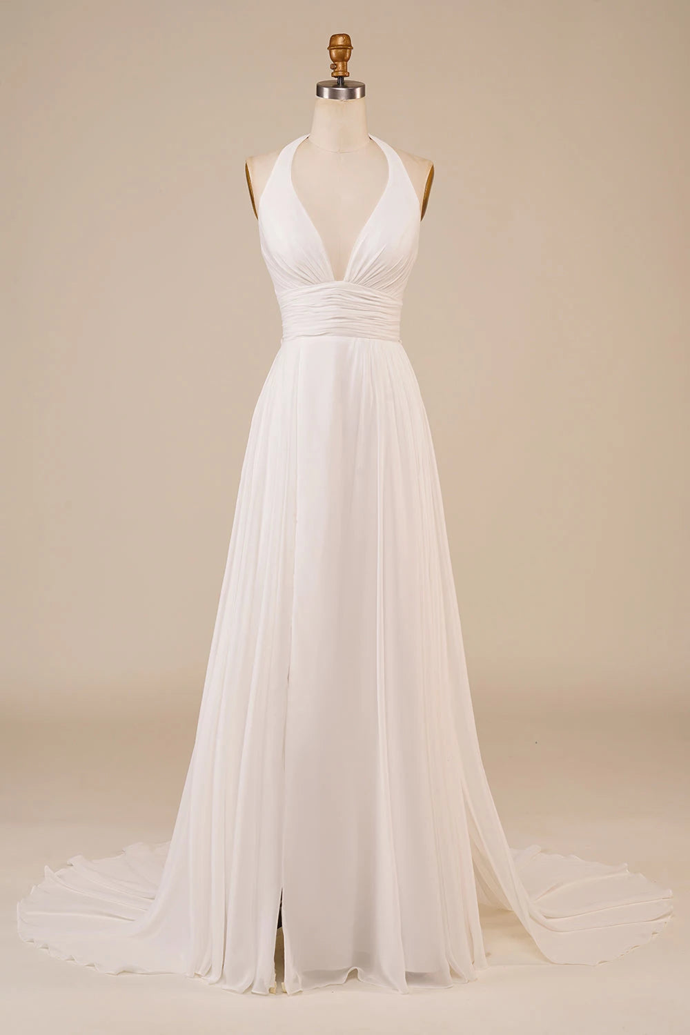 Chic A Line Halter Deep V Neck Sleeveless Open Back Floor Length Wedding Dress
