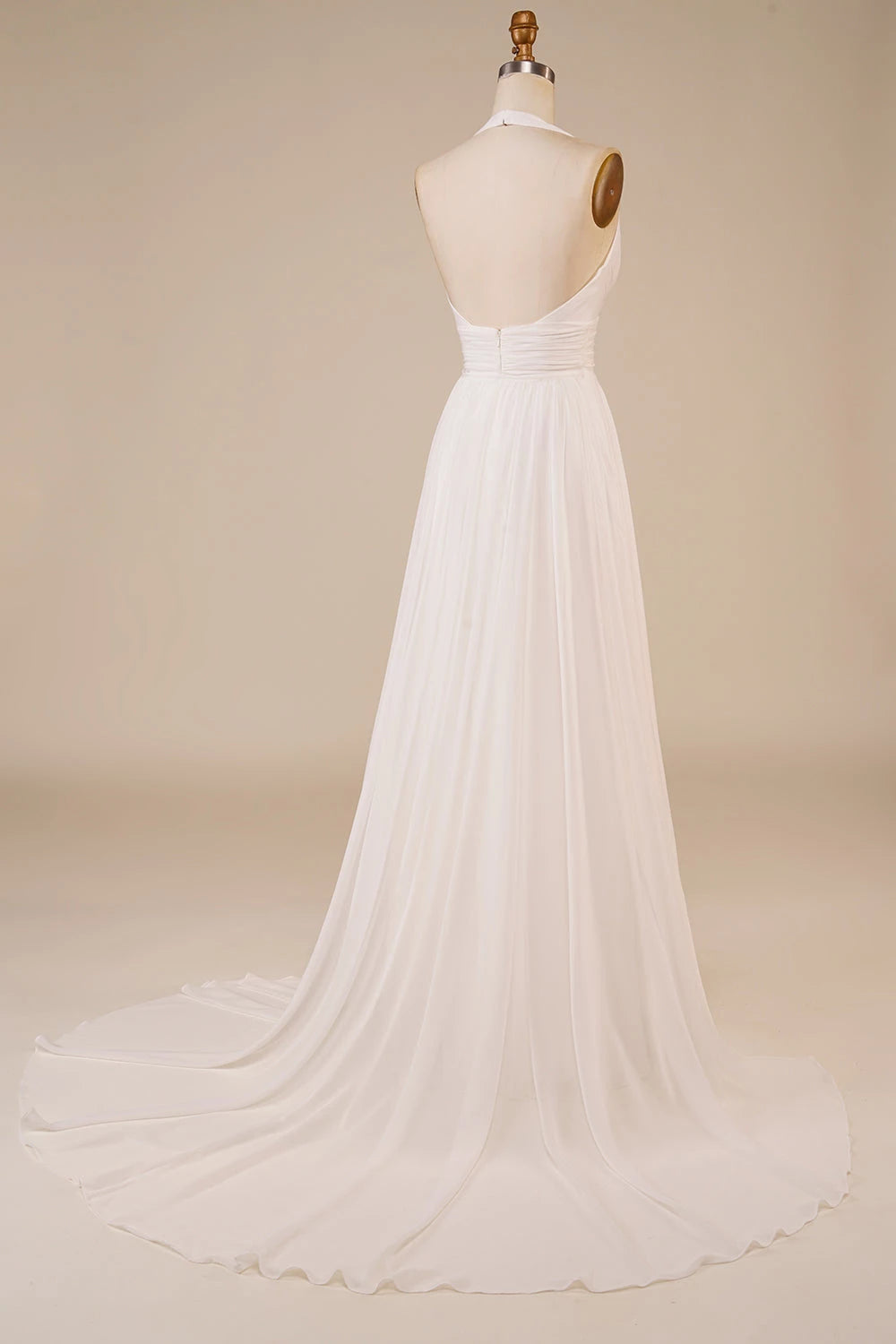Chic A Line Halter Deep V Neck Sleeveless Open Back Floor Length Wedding Dress