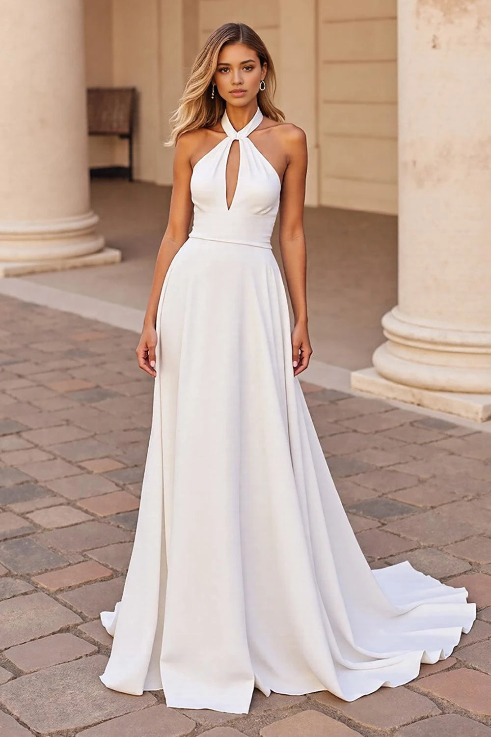Chic A Line Halter Neck Sleeveless Open Back Floor Length Wedding Dress