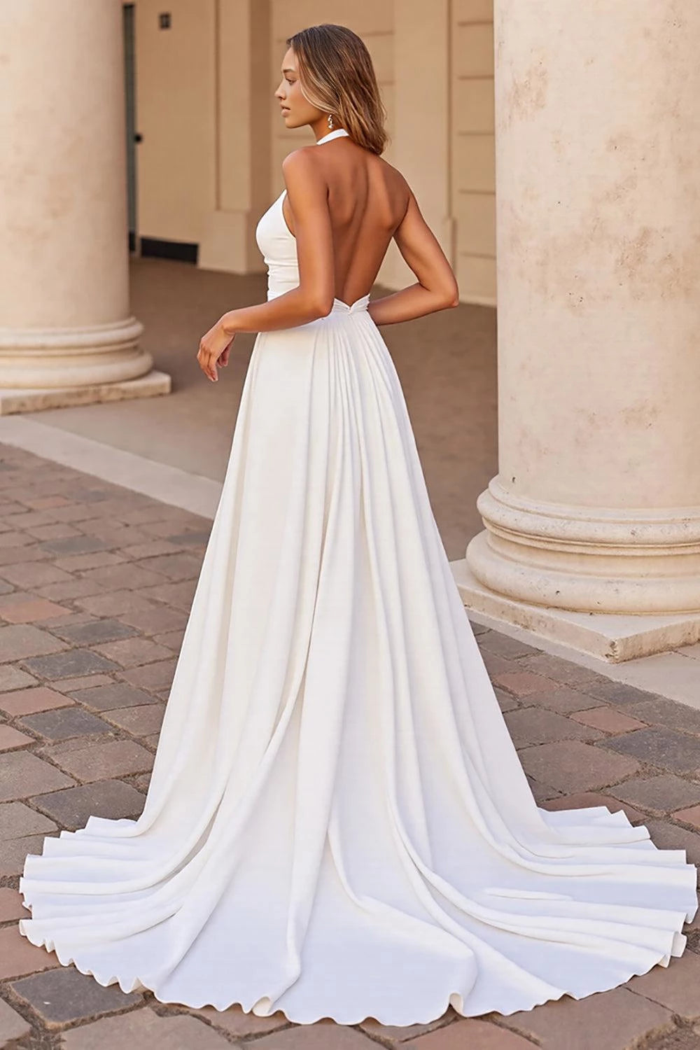 Chic A Line Halter Neck Sleeveless Open Back Floor Length Wedding Dress
