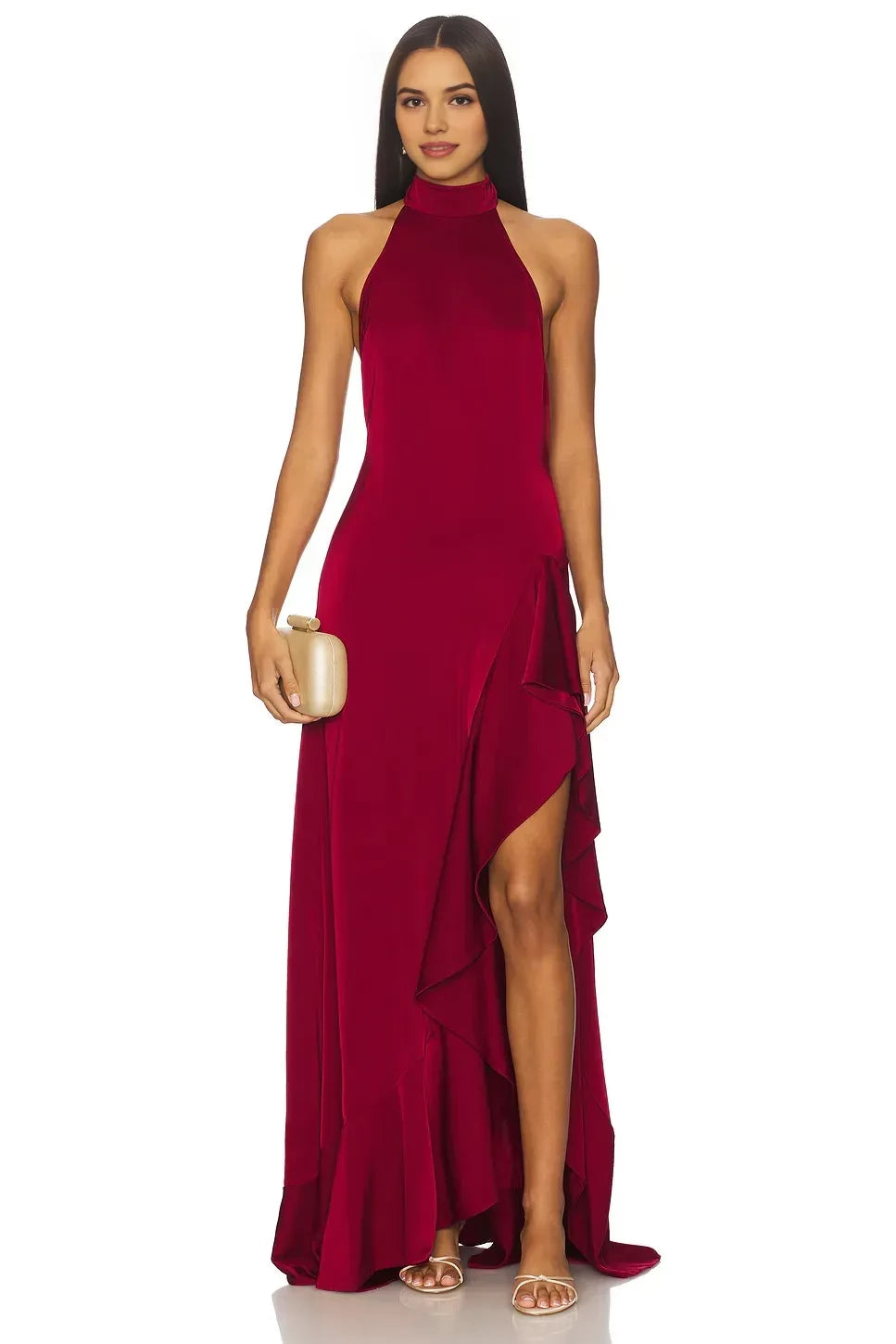 Chic A Line Halter Neck Sleeveless Ruffled Asymmetric Length Evening Dress