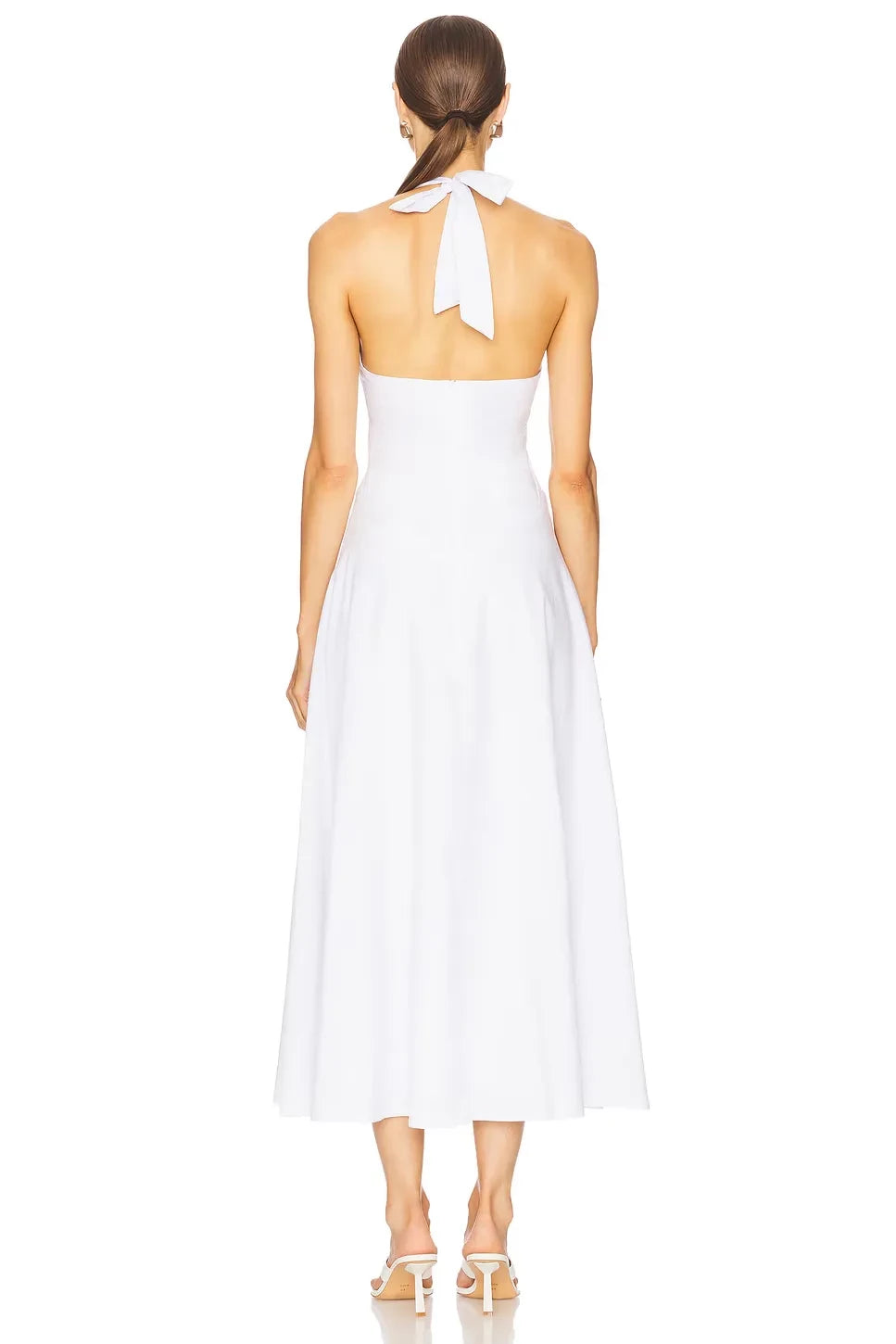 Chic A Line Halter Neck Sleeveless Tie Back Midi Length Evening Dress