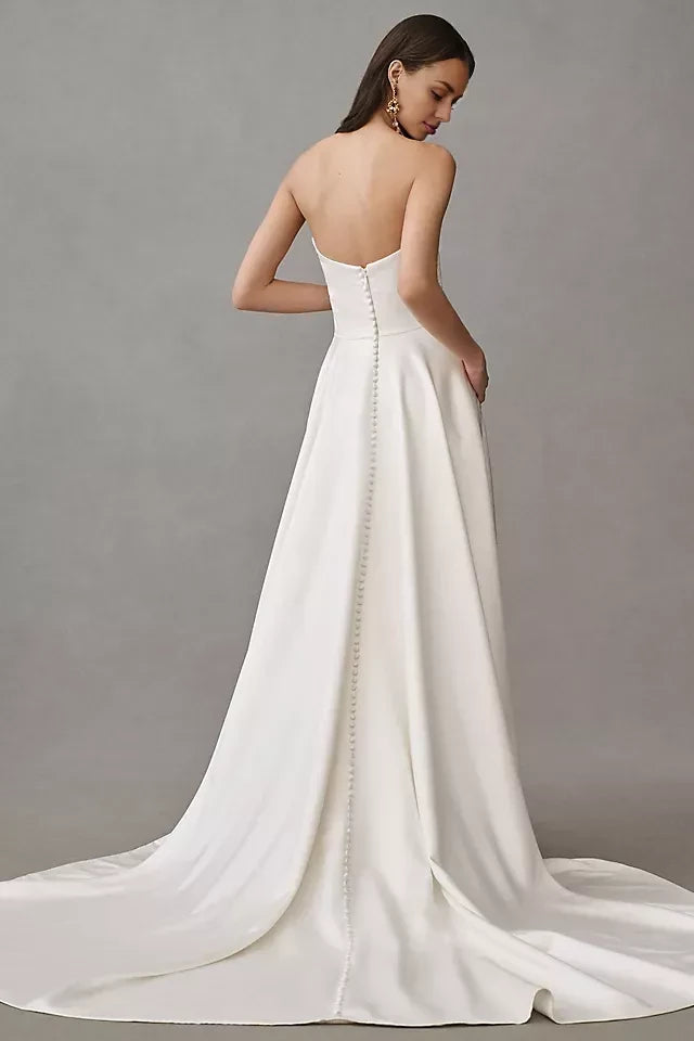 Chic A Line Off Shoulder Puff Sleeve Button Back Floor Length Wedding Dress