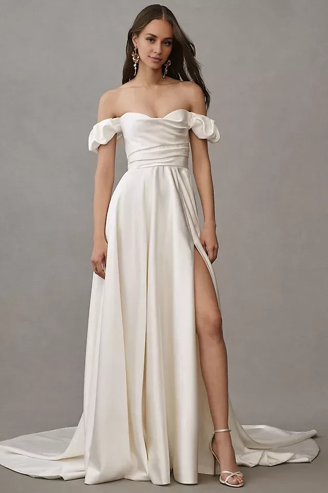 Chic A Line Off Shoulder Puff Sleeve Button Back Floor Length Wedding Dress