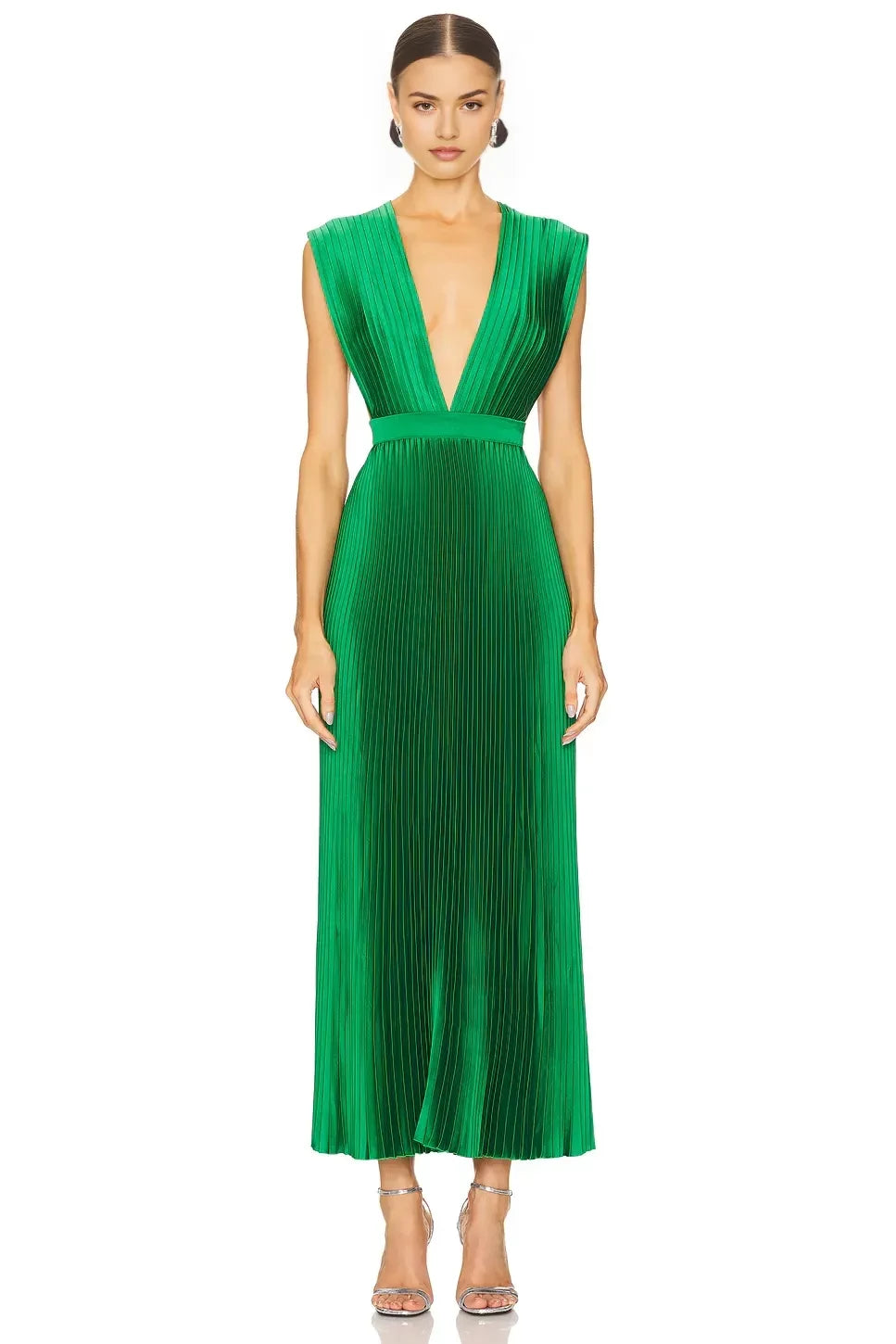 Chic A Line Plunging V Neck Sleeveless Cutout Back Midi Length Evening Dress