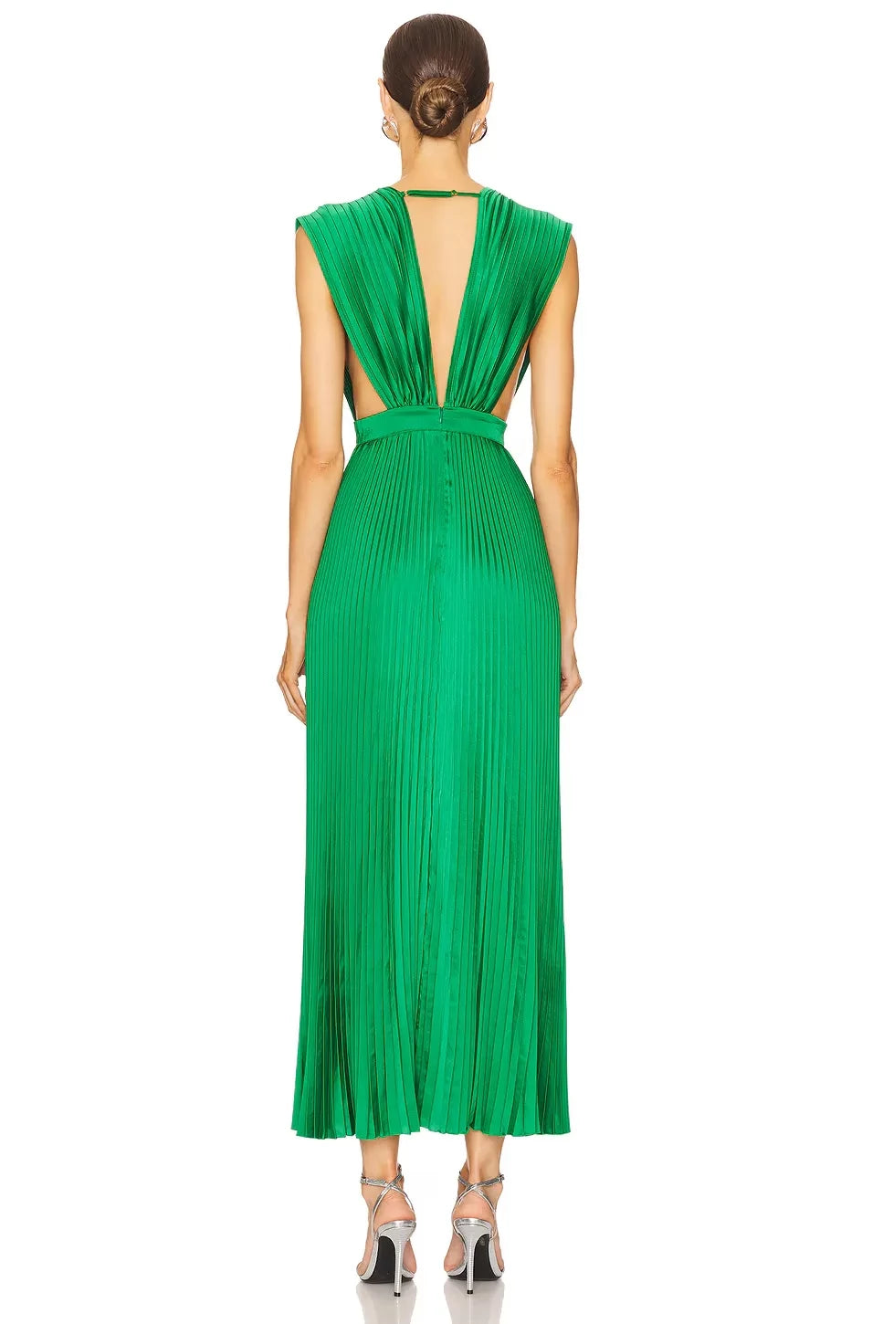 Chic A Line Plunging V Neck Sleeveless Cutout Back Midi Length Evening Dress