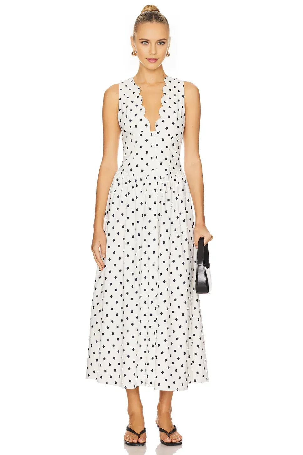 Chic A Line Scallop Neck Sleeveless Polka Dot Midi Length Evening Dress