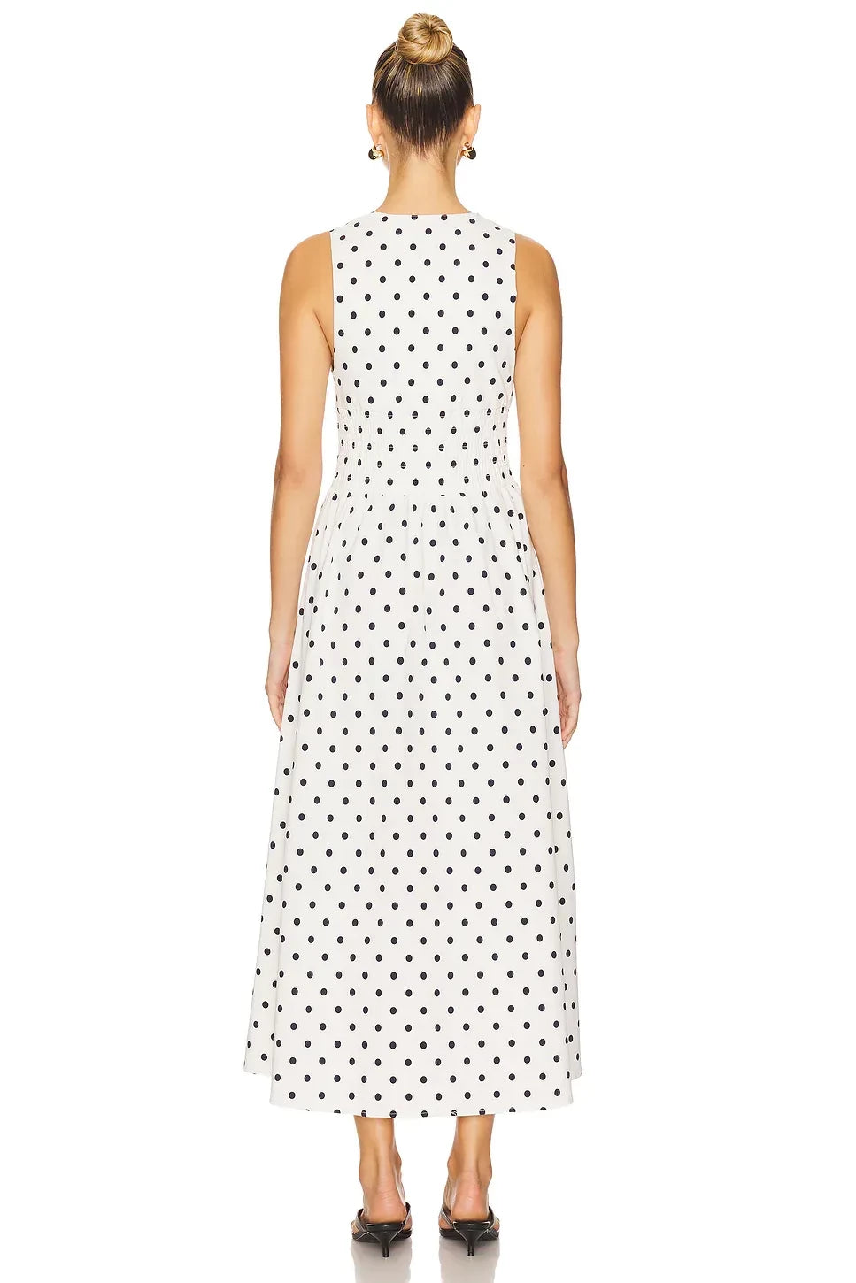 Chic A Line Scallop Neck Sleeveless Polka Dot Midi Length Evening Dress