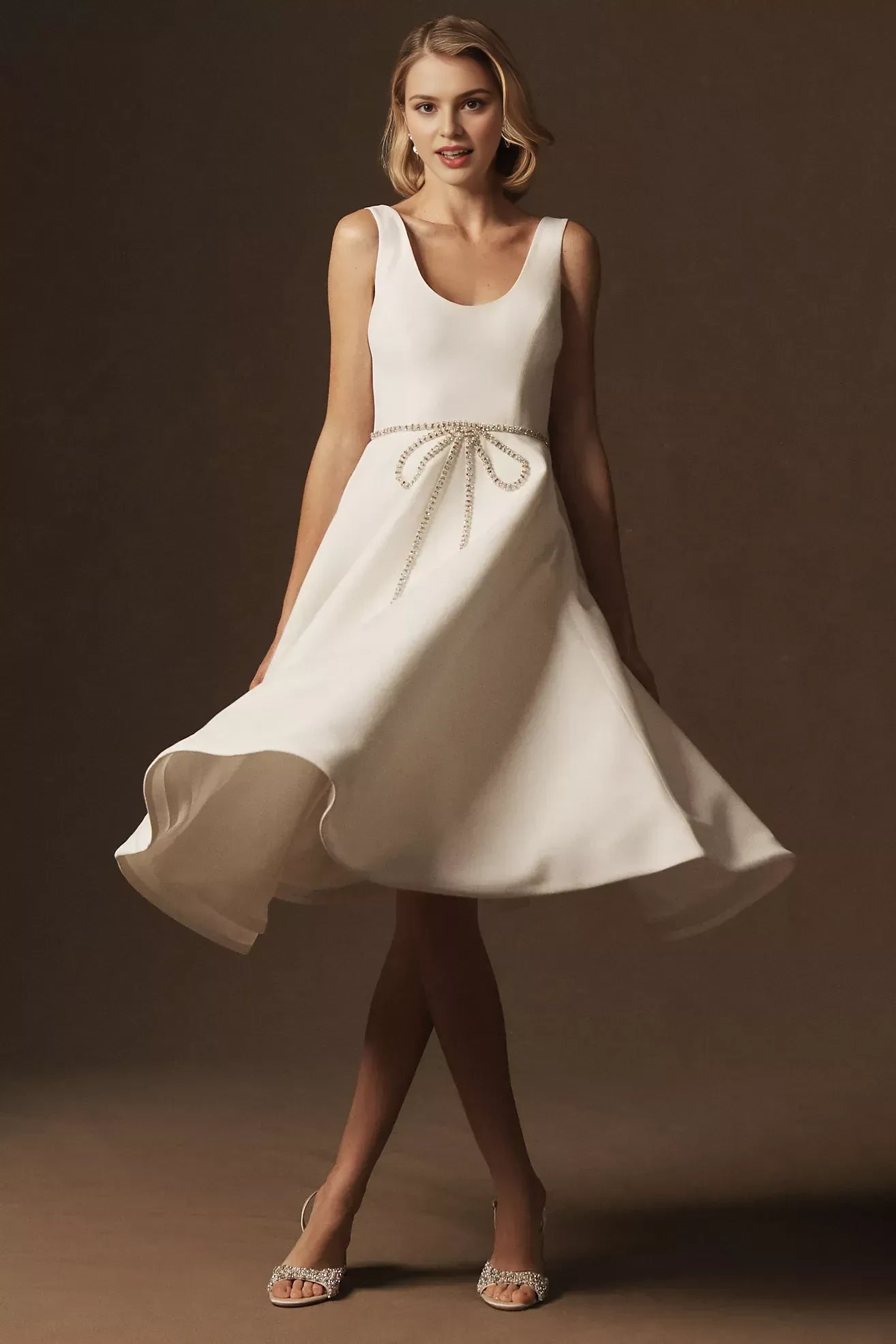 Chic A Line Scoop Neck Sleeveless Zipper Back Midi Length Evening Dress