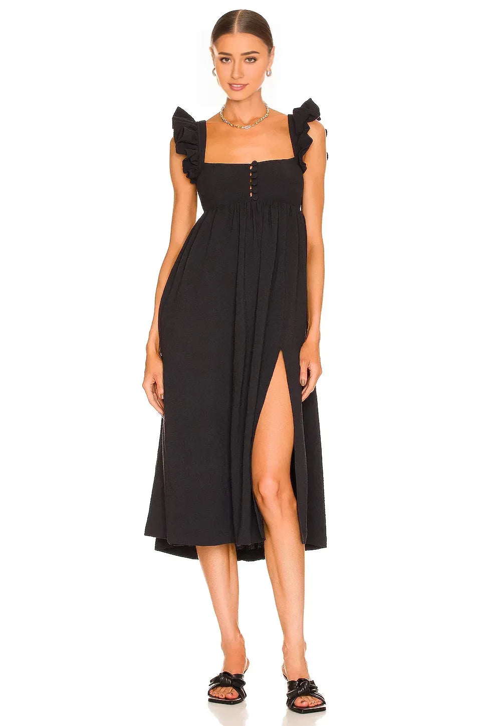 Chic A Line Square Neck Ruffle Sleeve Cutout Back High Slit Midi Length Prom Dress