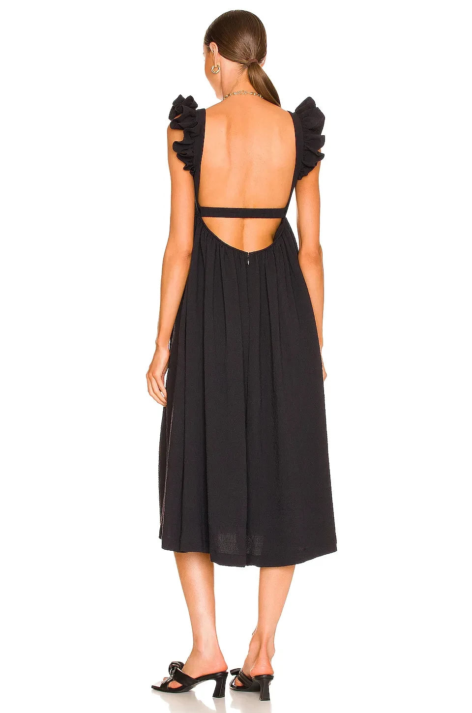 Chic A Line Square Neck Ruffle Sleeve Cutout Back High Slit Midi Length Prom Dress