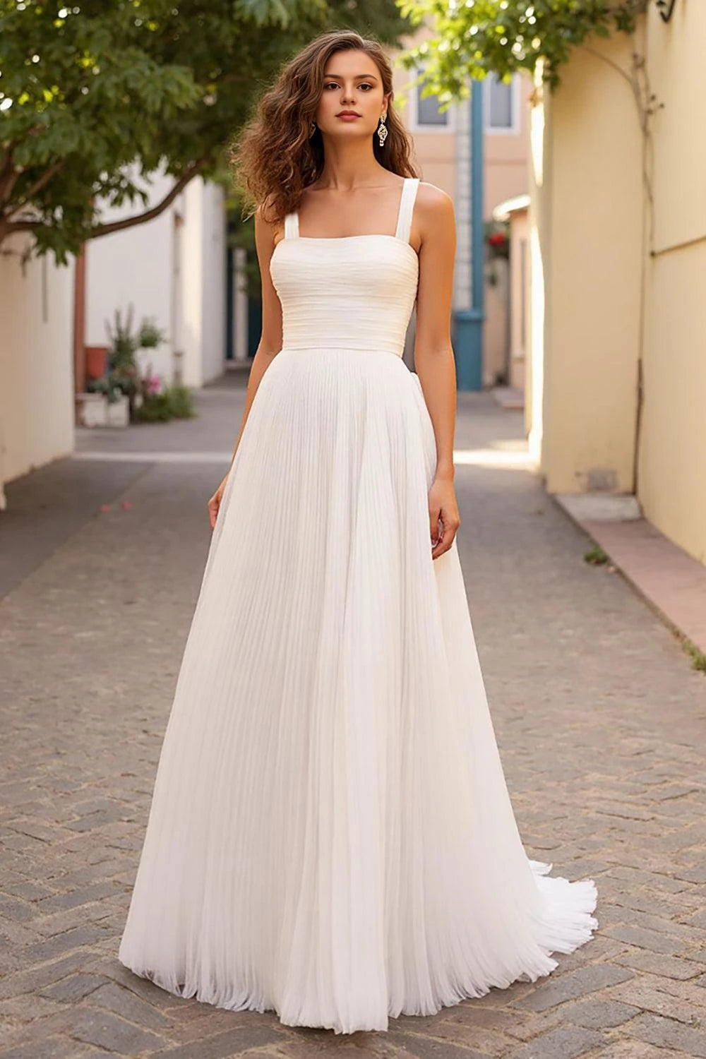 Chic A Line Square Neck Sleeveless Open Back Floor Length Wedding Dress