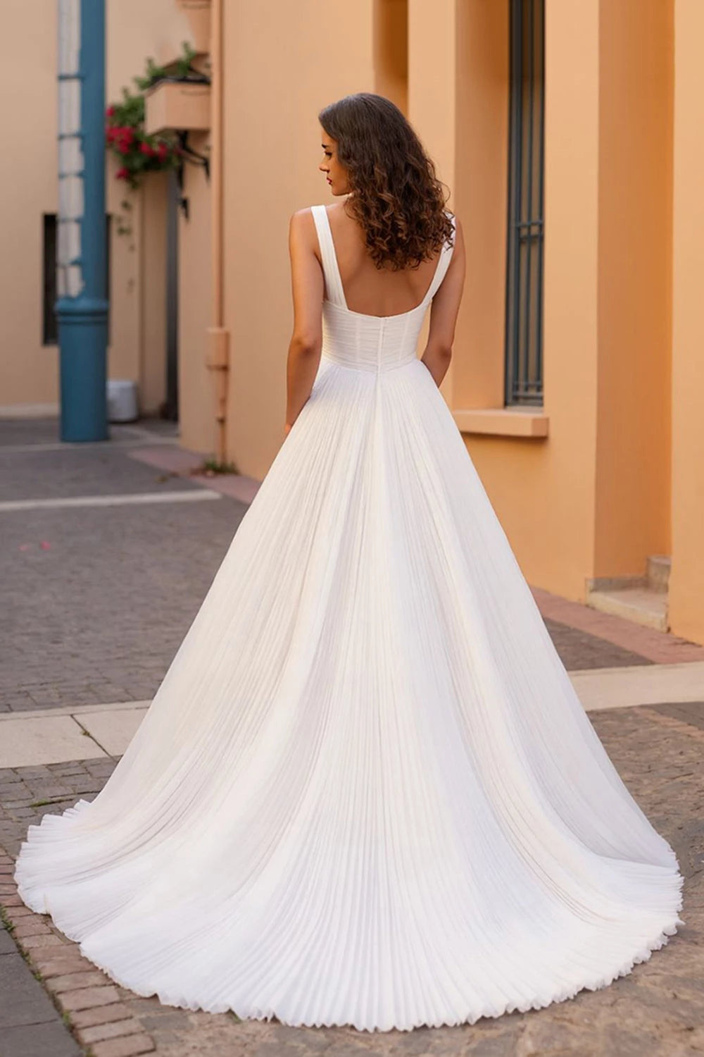 Chic A Line Square Neck Sleeveless Open Back Floor Length Wedding Dress