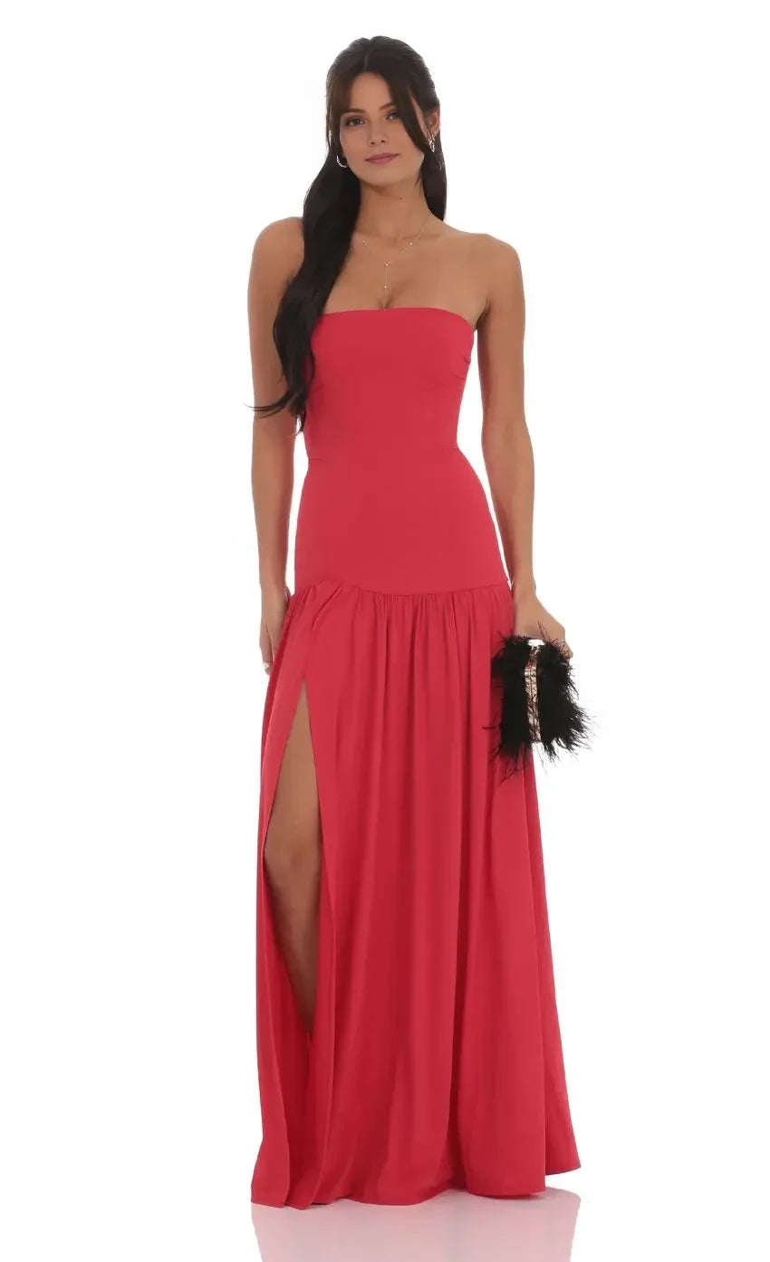 Chic A Line Strapless Sleeveless Open Back Floor Length Evening Dress