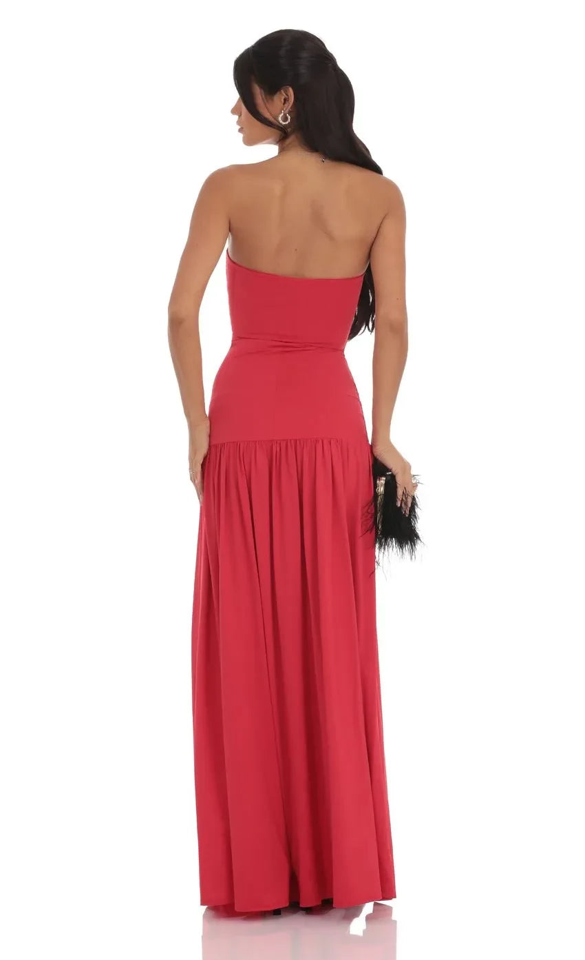 Chic A Line Strapless Sleeveless Open Back Floor Length Evening Dress