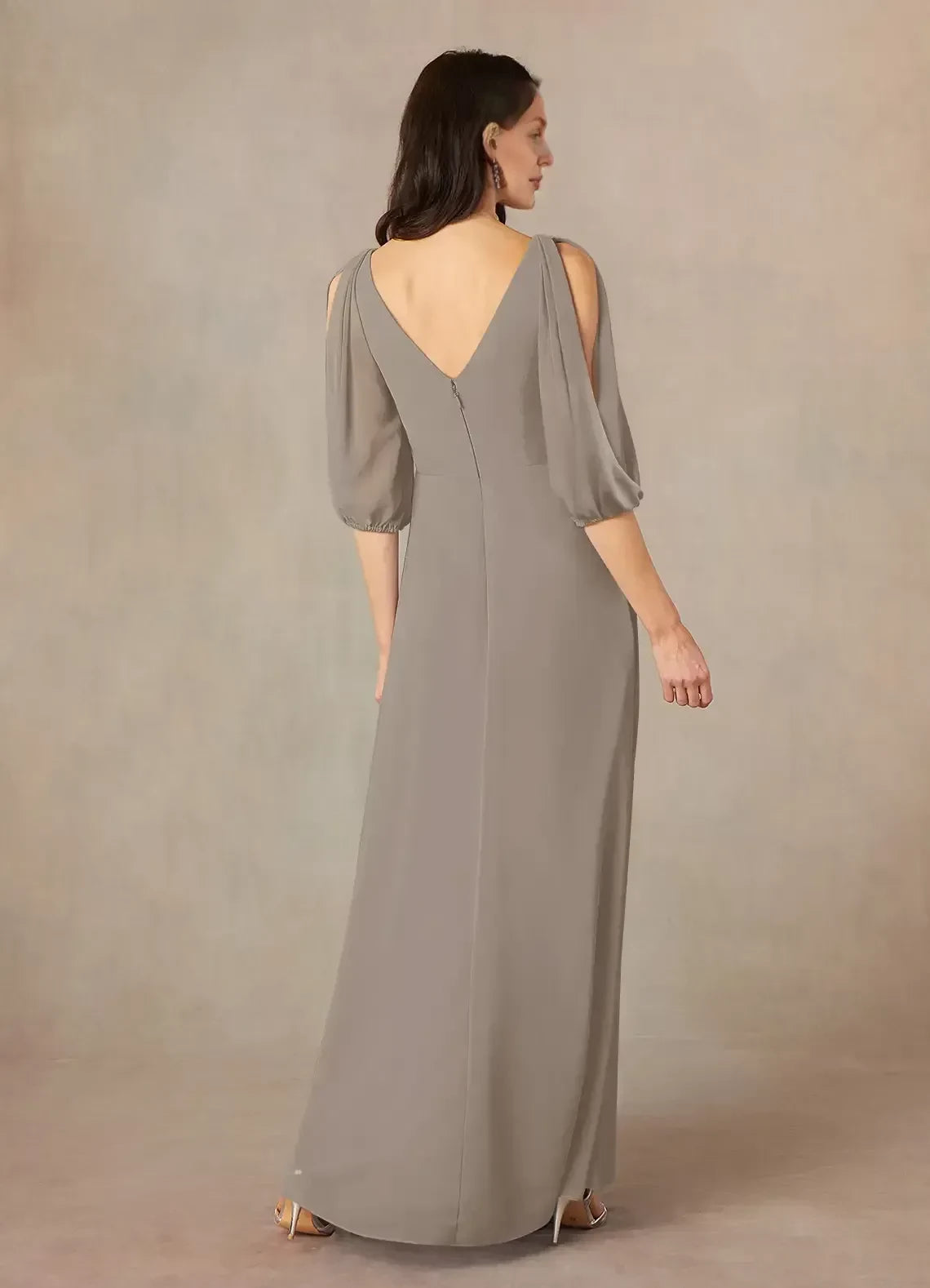 Chic A Line V Neck Cold Shoulder Three Quarter Sleeve Zipper Back Floor Length Mother of the Bride Dress