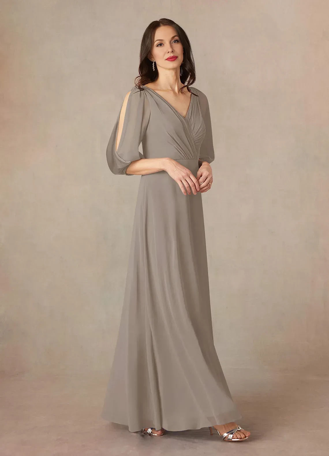Chic A Line V Neck Cold Shoulder Three Quarter Sleeve Zipper Back Floor Length Mother of the Bride Dress
