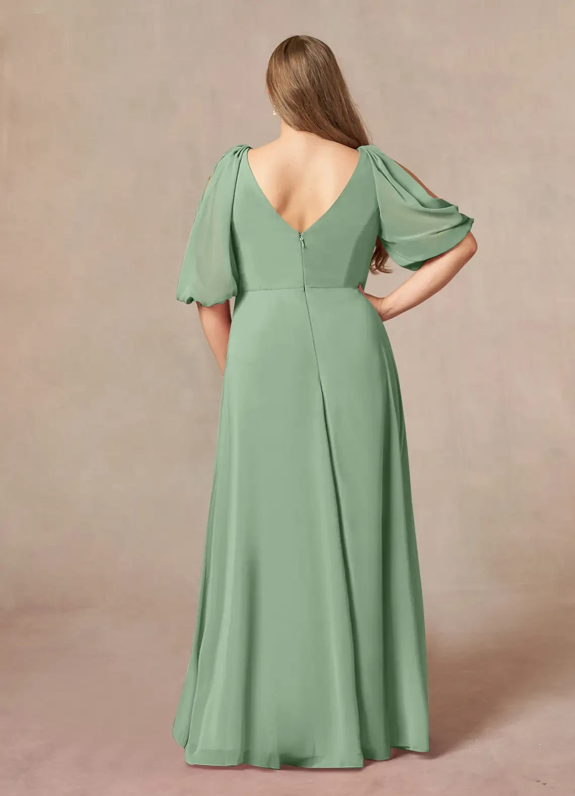 Chic A Line V Neck Cold Shoulder Three Quarter Sleeve Zipper Back Plus Size Floor Length Mother of the Bride Dresses