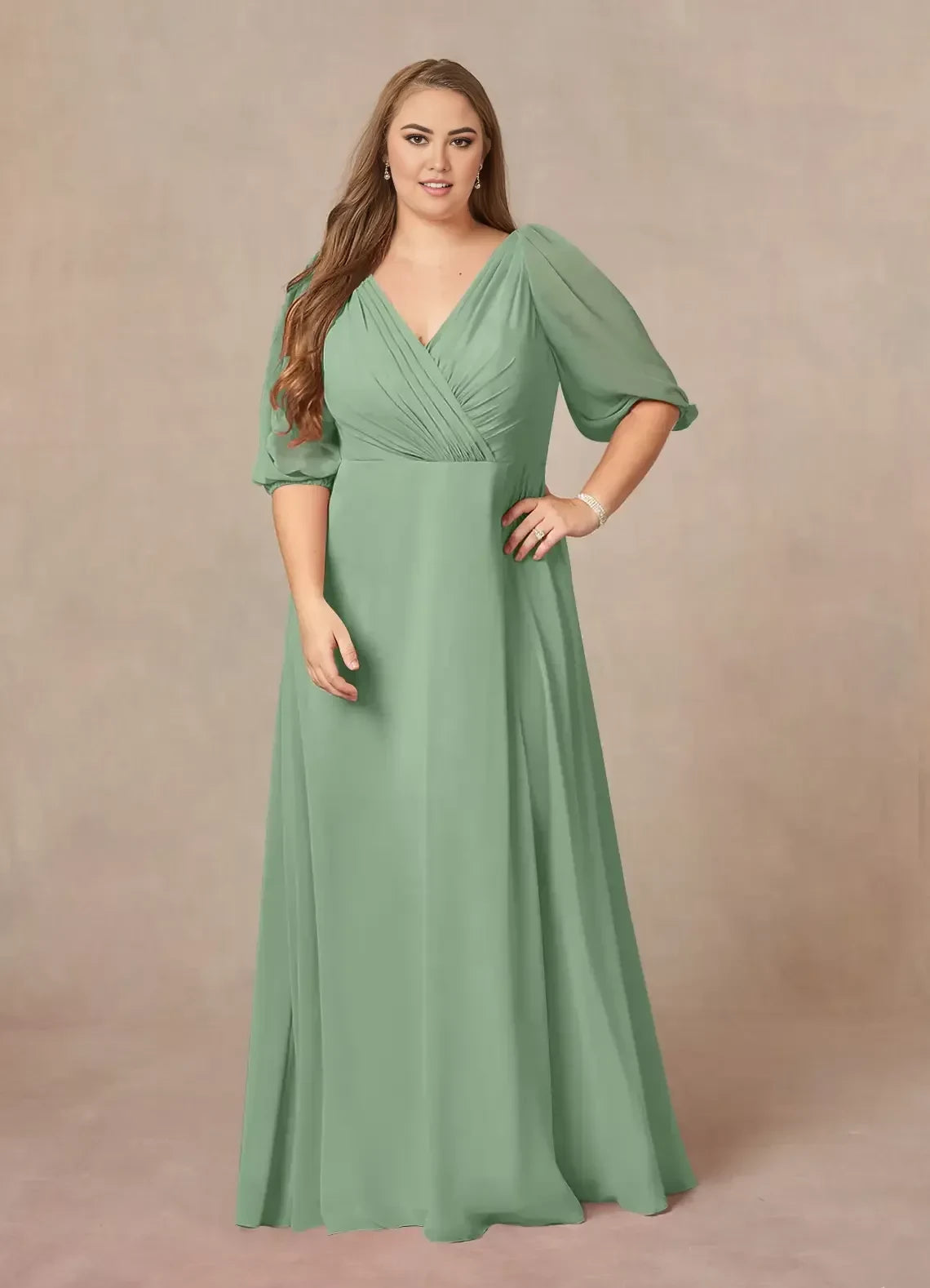 Chic A Line V Neck Cold Shoulder Three Quarter Sleeve Zipper Back Plus Size Floor Length Mother of the Bride Dresses