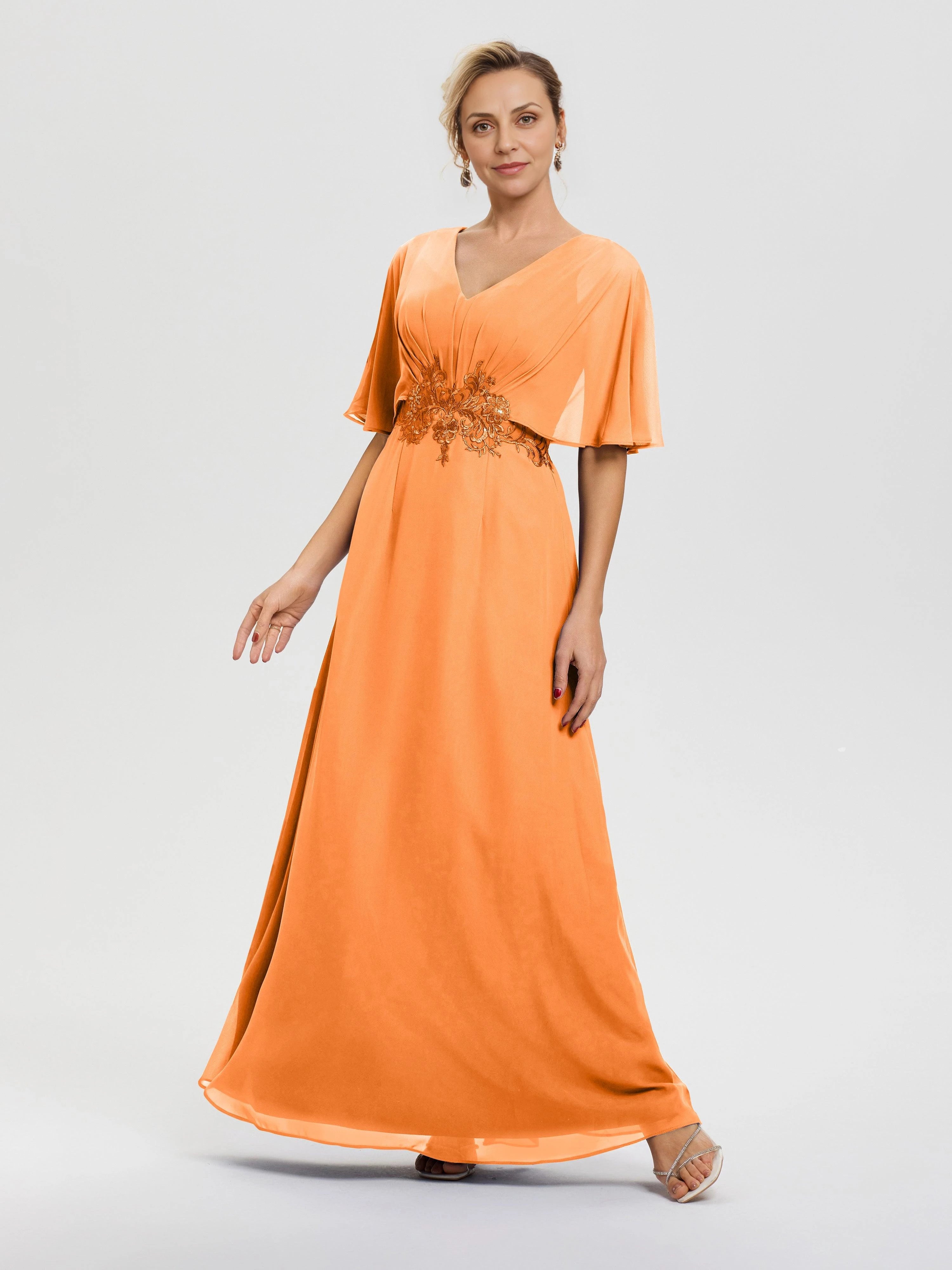 Chic A Line V Neck Flutter Sleeve Embroidered Back Floor Length Mother of the Bride Dress