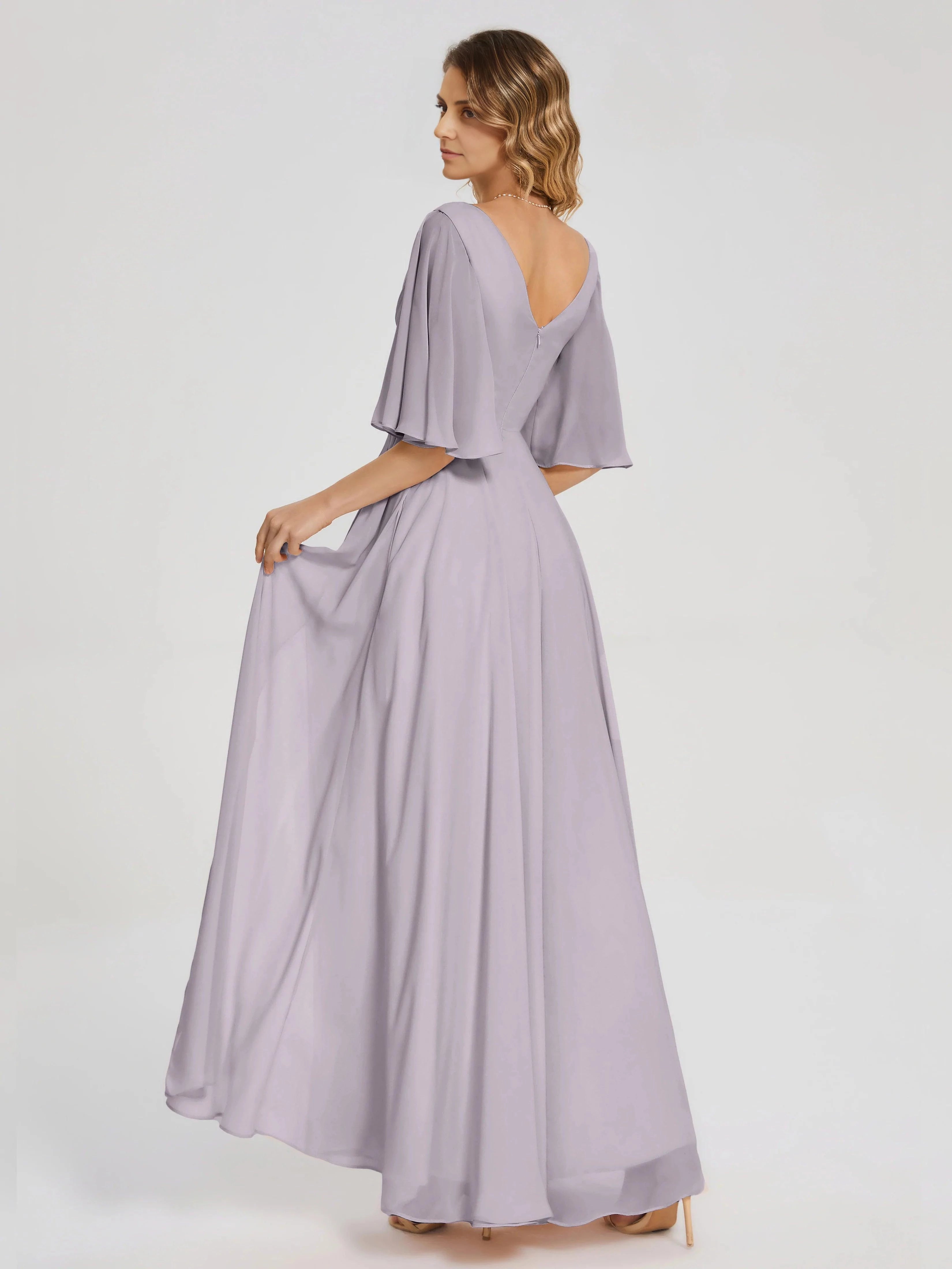 Chic A Line V Neck Flutter Sleeve Open Back Floor Length Mother of the Bride Dress