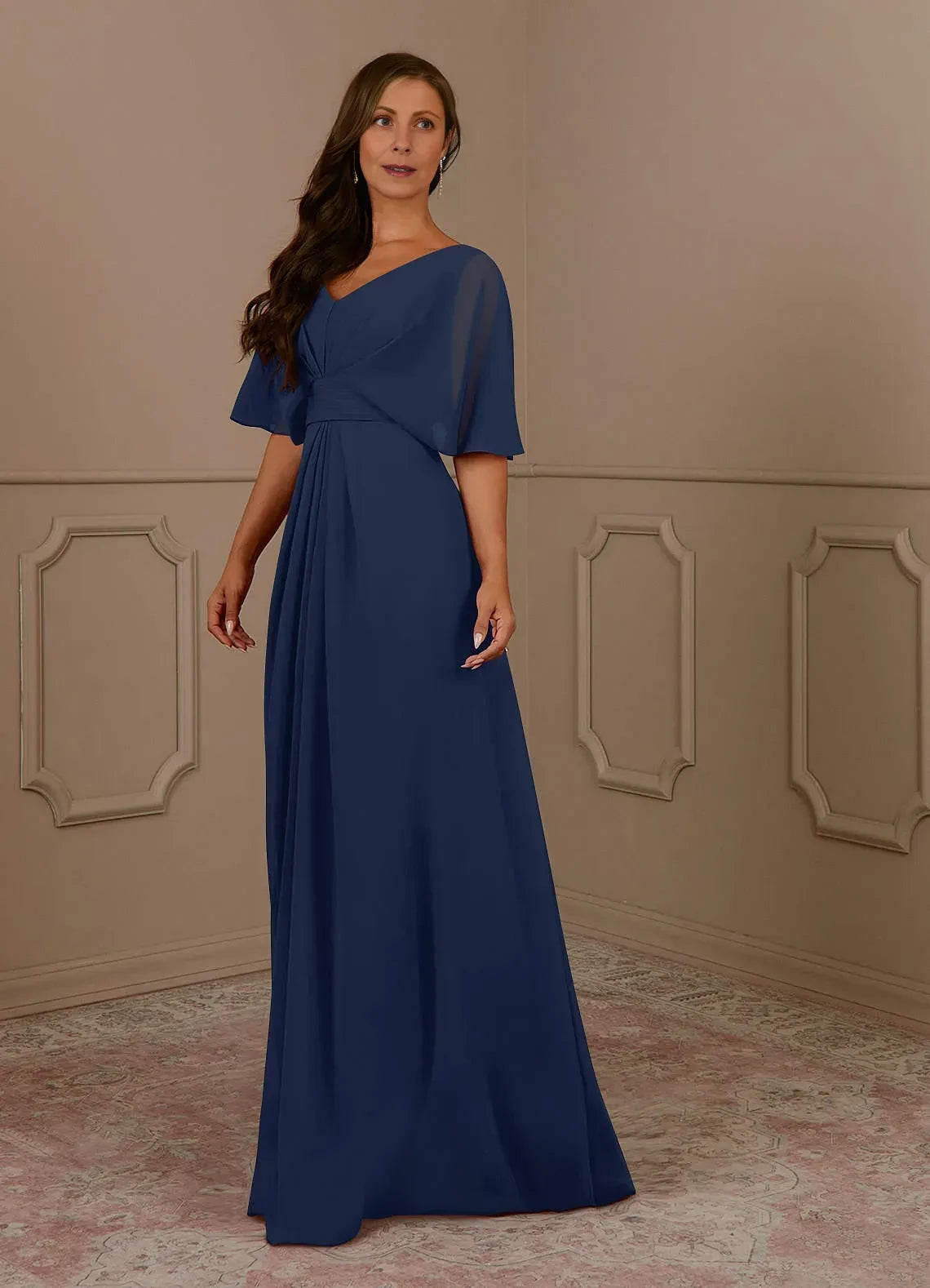 Chic A Line V Neck Flutter Sleeve Tie Back Floor Length Mother of the Bride Dress