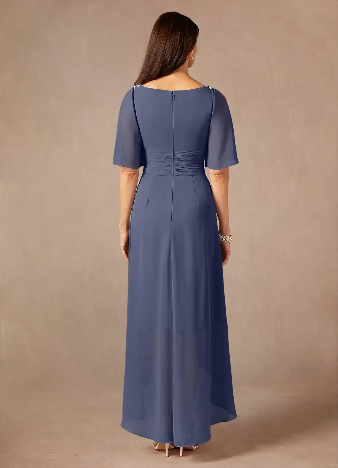 Chic A Line V Neck Flutter Sleeve Zip Back High Low Mother of the Bride Dress