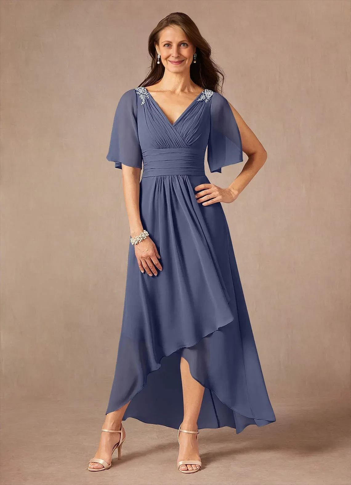Chic A Line V Neck Flutter Sleeve Zip Back High Low Mother of the Bride Dress