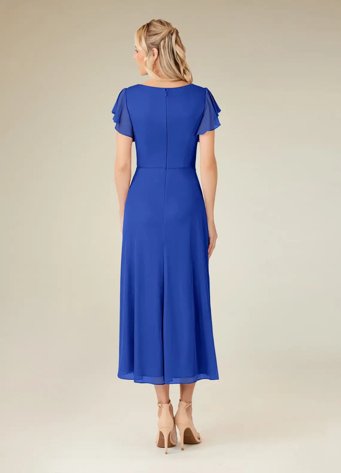 Chic A Line V Neck Flutter Sleeve Zip Back Midi Length Mother of the Bride Dress