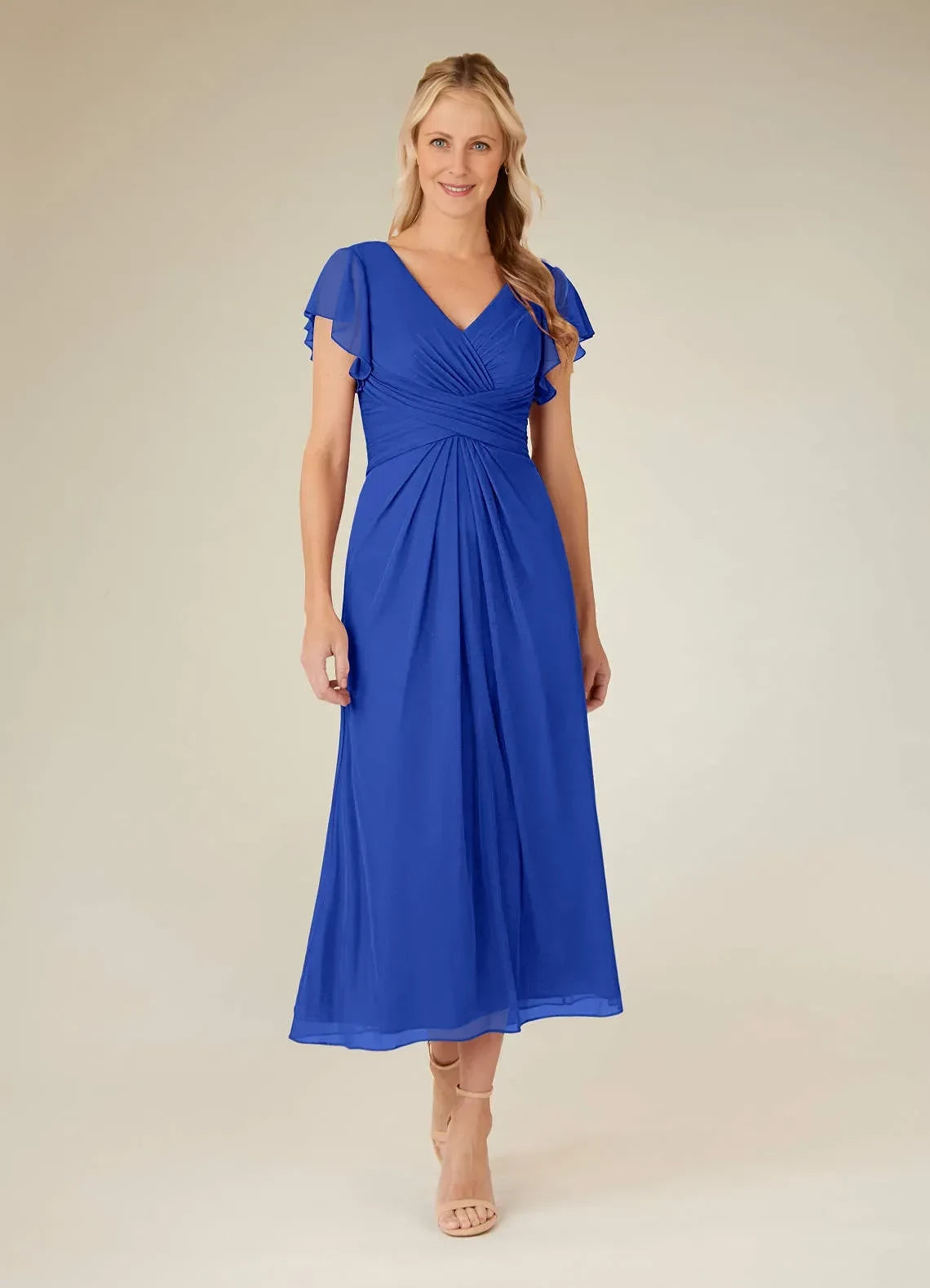 Chic A Line V Neck Flutter Sleeve Zip Back Midi Length Mother of the Bride Dress