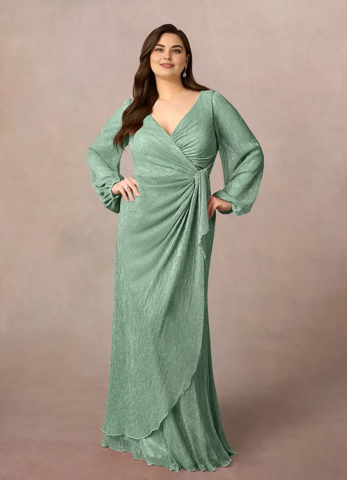 Chic A Line V Neck Lantern Sleeve Zipper Back Plus Size Floor Length Mother of the Bride Dress